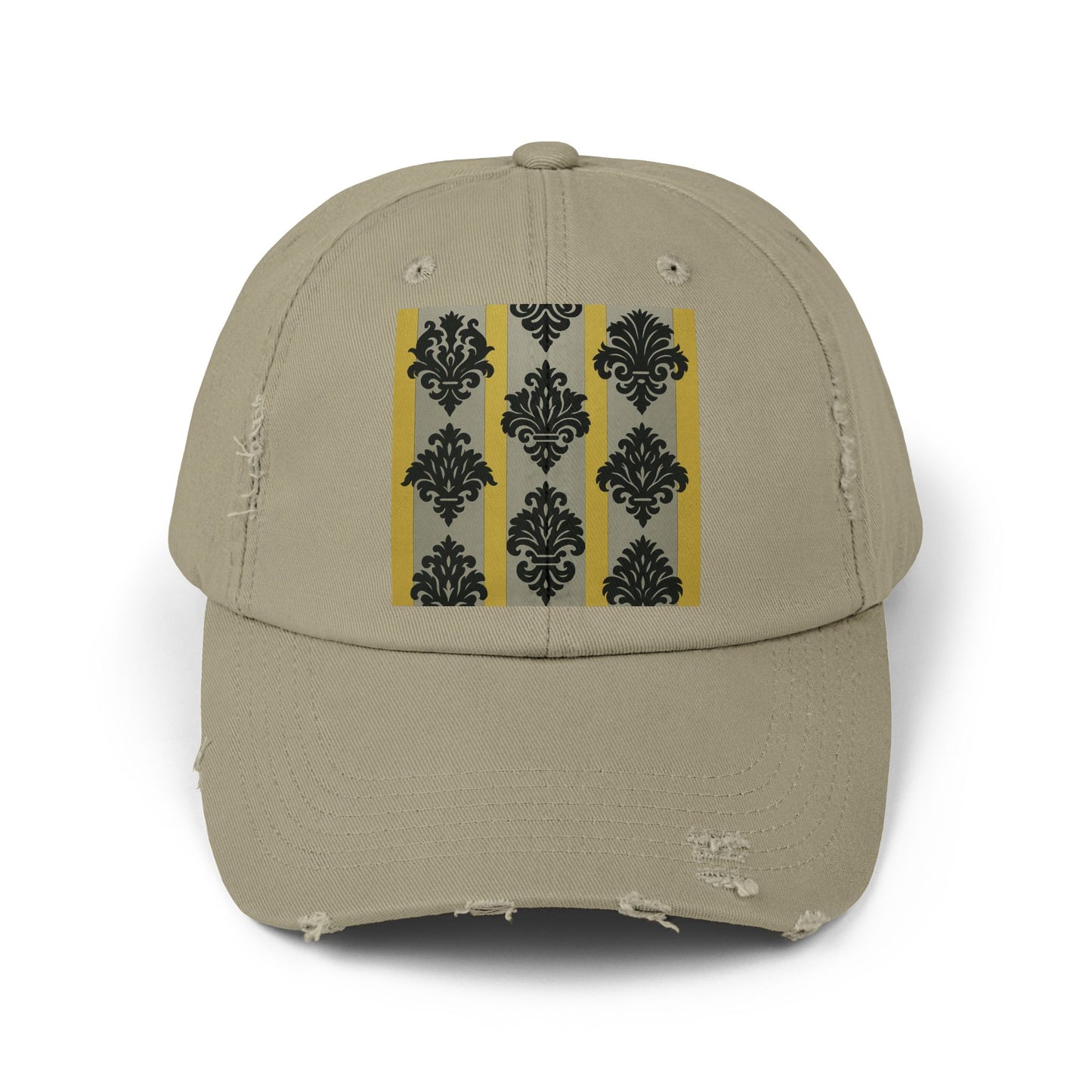Stylish Distressed Cap, Trendy Black Hat for Fashion Lovers, Unisex Casual Accessory, Perfect Gift for Birthdays - Silver & Gold Striped Black Baroque