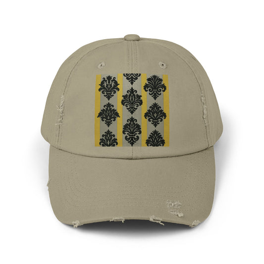 Stylish Distressed Cap, Trendy Black Hat for Fashion Lovers, Unisex Casual Accessory, Perfect Gift for Birthdays - Silver & Gold Striped Black Baroque