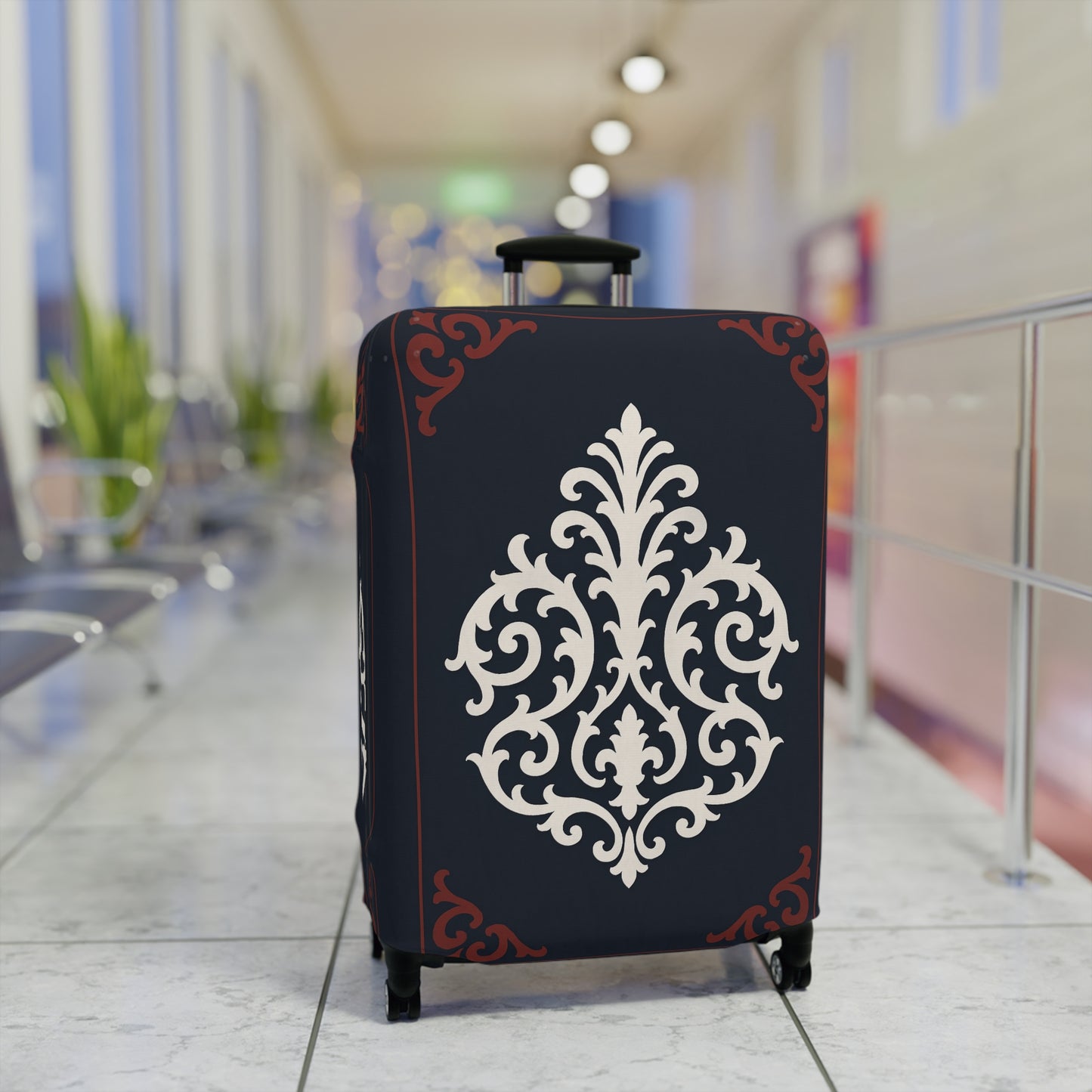 Dusk Blue-Maroon & White Baroque Luggage Cover — Dusk Blue & White Travel Protector