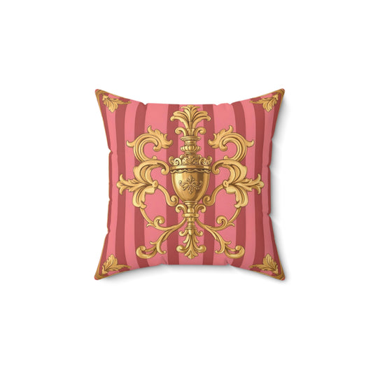 Luxurious Vintage-Style Faux Suede Square Pillow, Elegant Home Decor, Throw Pillow, Living Room Accent - Pink Striped Gold Baroque
