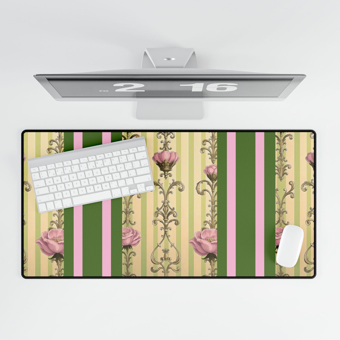Elegant Floral Motif Desk Mat for Home Office Decor - Lime Green & Pink Striped Damask