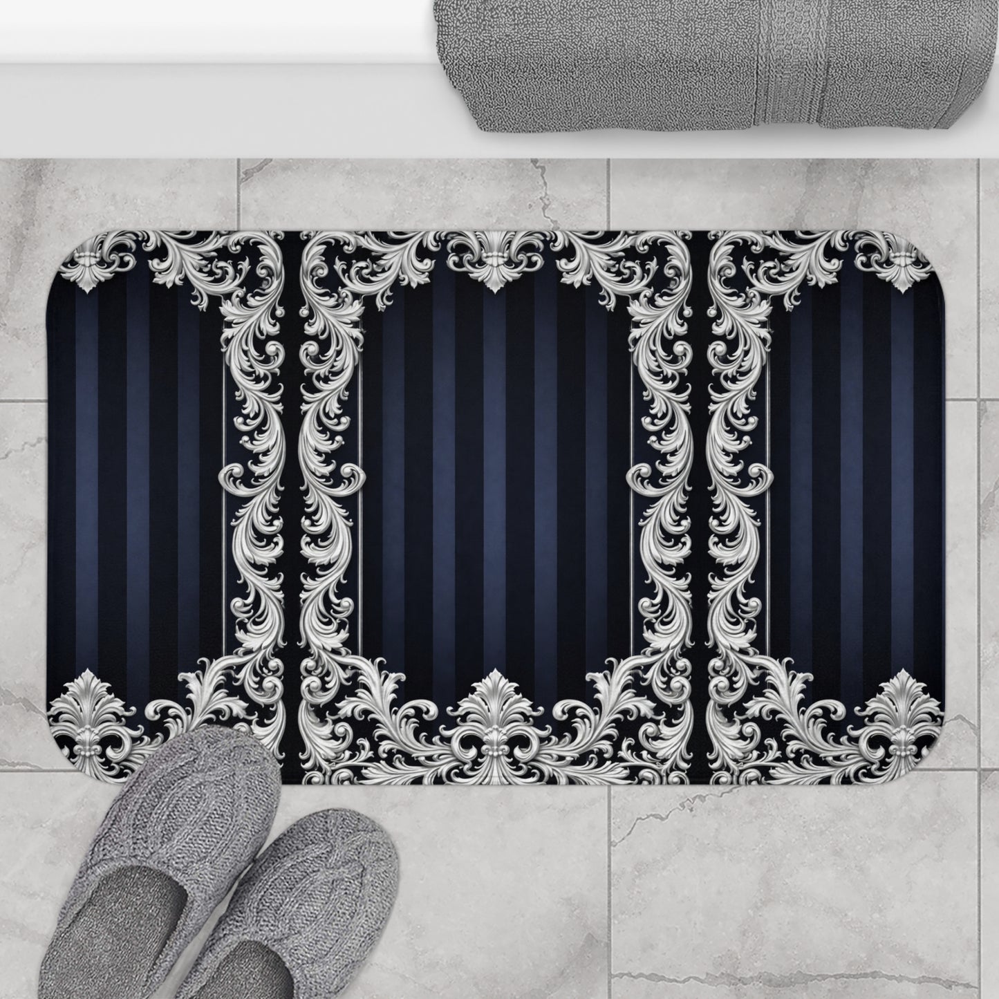 Elegant Navy Stripes & Baroque Bath Mat — Navy & Silver Ornate Bathroom Rug