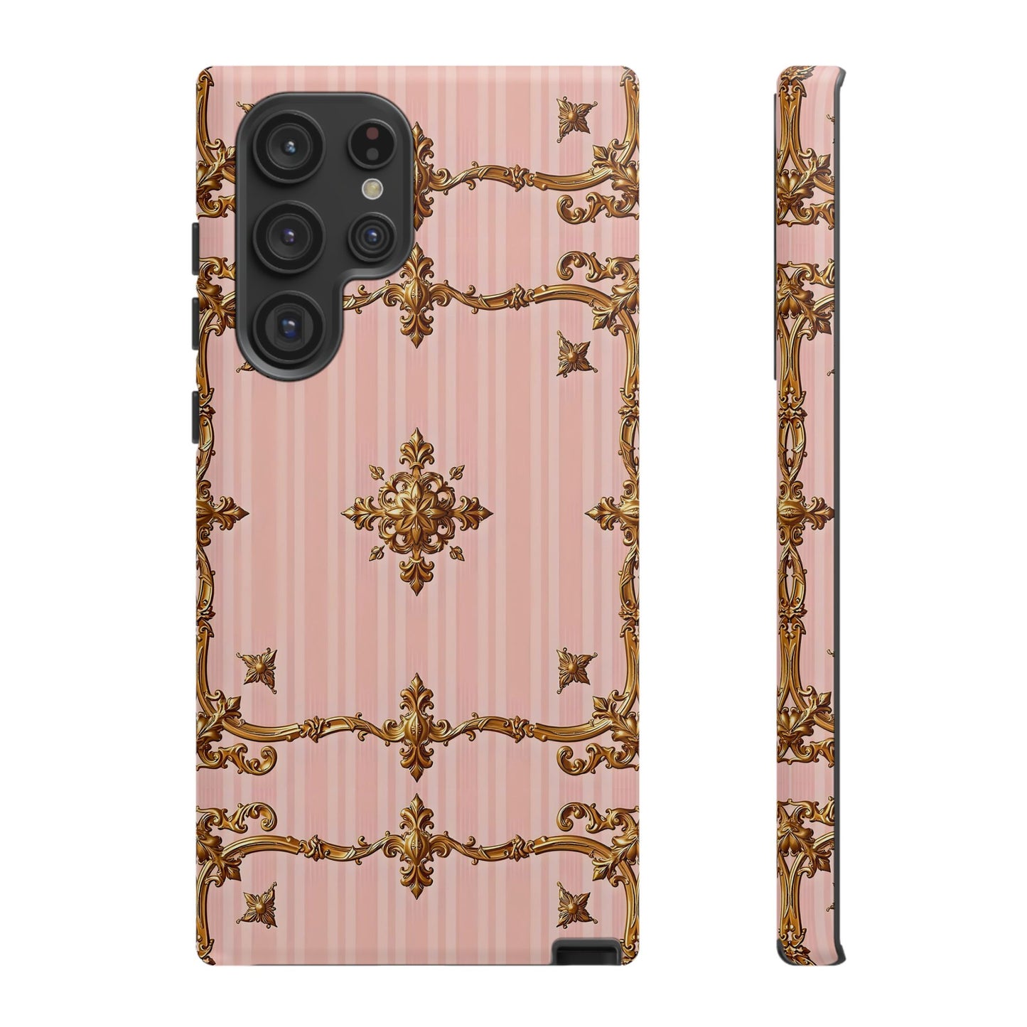 Elegant Floral Phone Case, Tough Cases for Women, Trendy Phone Cover, Chic Gift - Pink Striped Gold Baroque