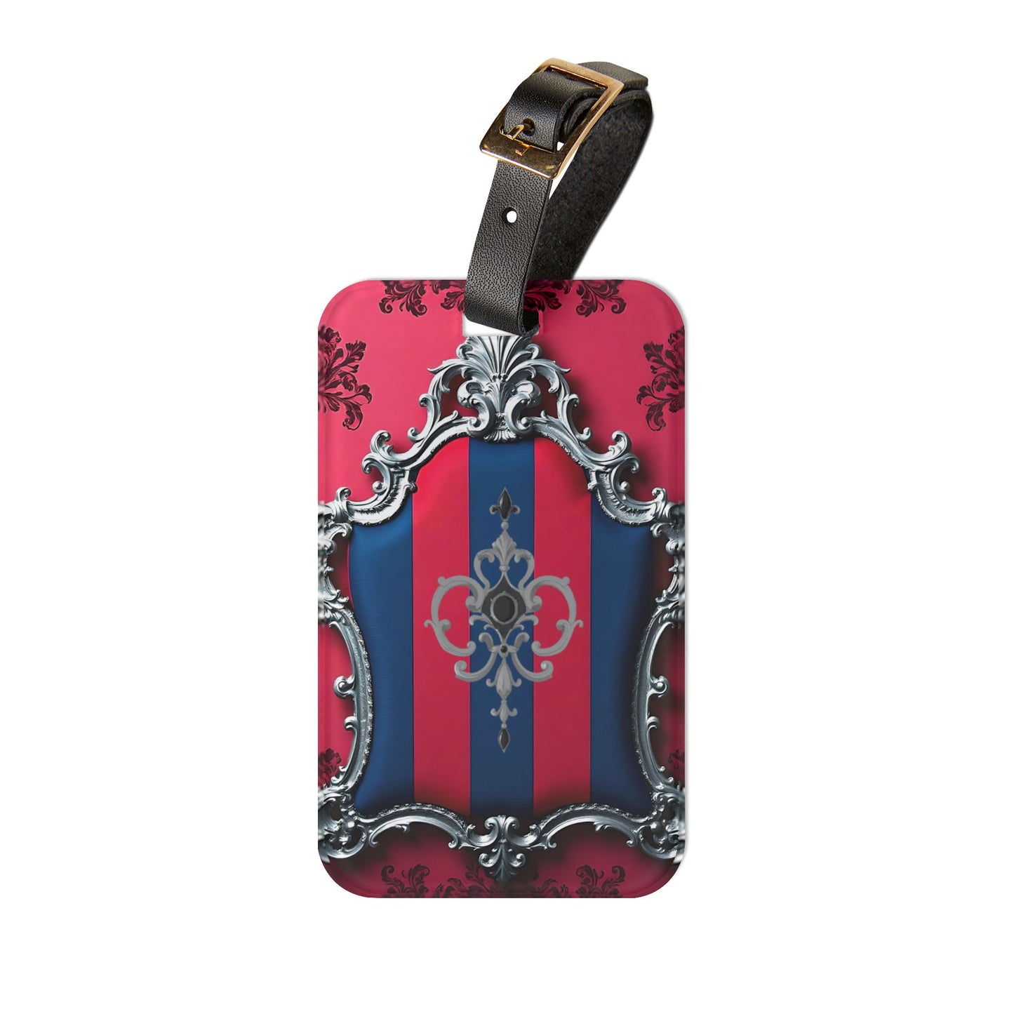 Chic Vintage Luggage Tag, Travel Accessory, Personalized Baggage Tag, Stylish Travel Gift, Elegant Suitcase Identifier - Blue & Red Striped Silver Crest