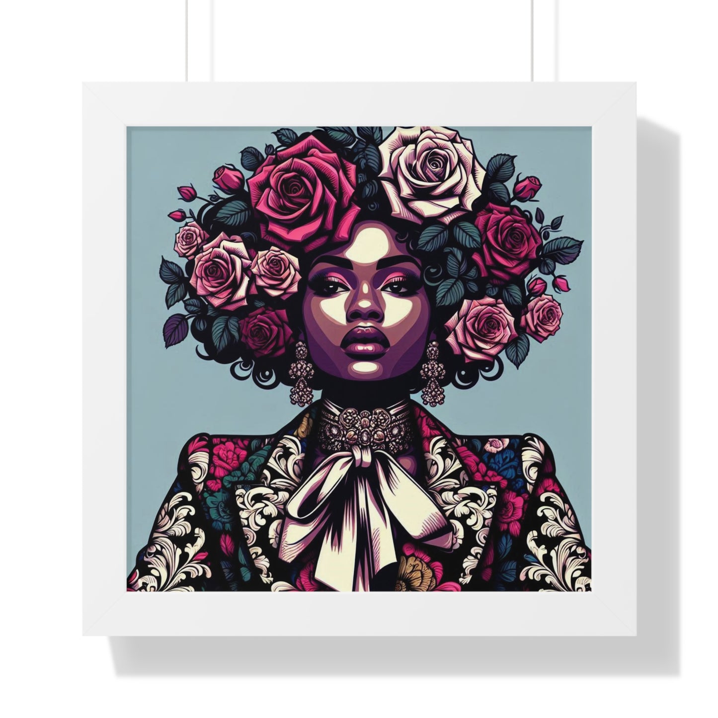 Vertical Poster -  Lady In Damask Suit & Roses Wall Art