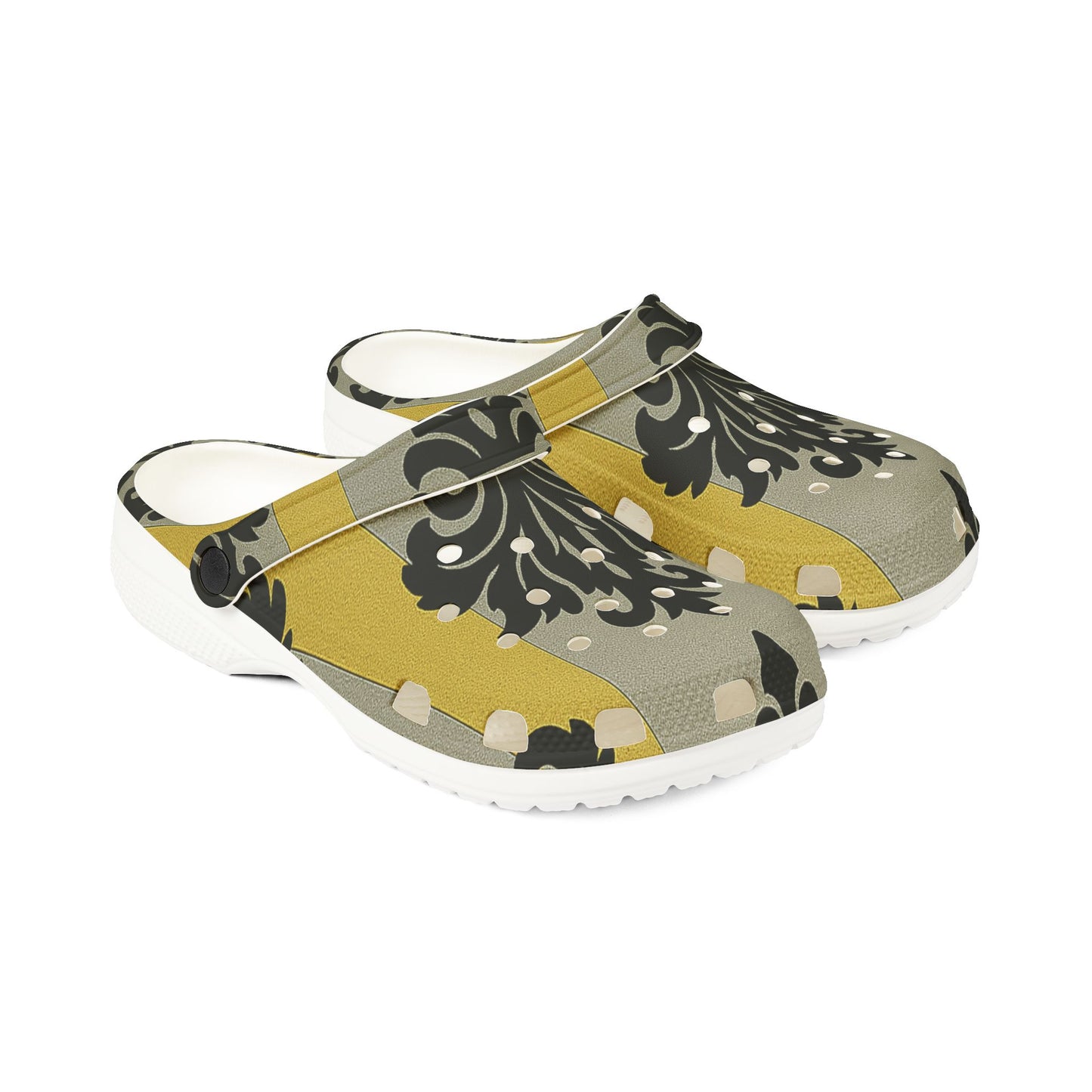 Chic EVA Foam Clogs in Vintage Baroque Design, Comfortable Garden Shoes, Lightweight Slip-On Footwear - Silver & Gold Striped Black Baroque