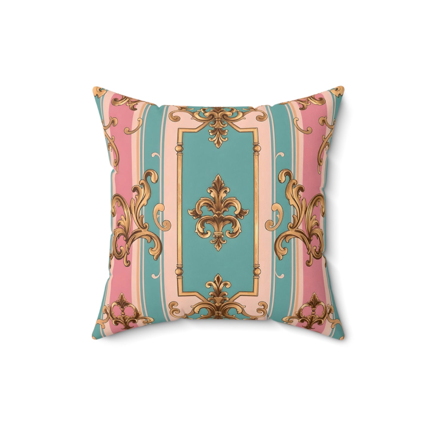 Elegant Faux Suede Square Pillow in Pastel Colors, Decorative Throw Pillow - Pink & Matte Turquoise Striped Rococo