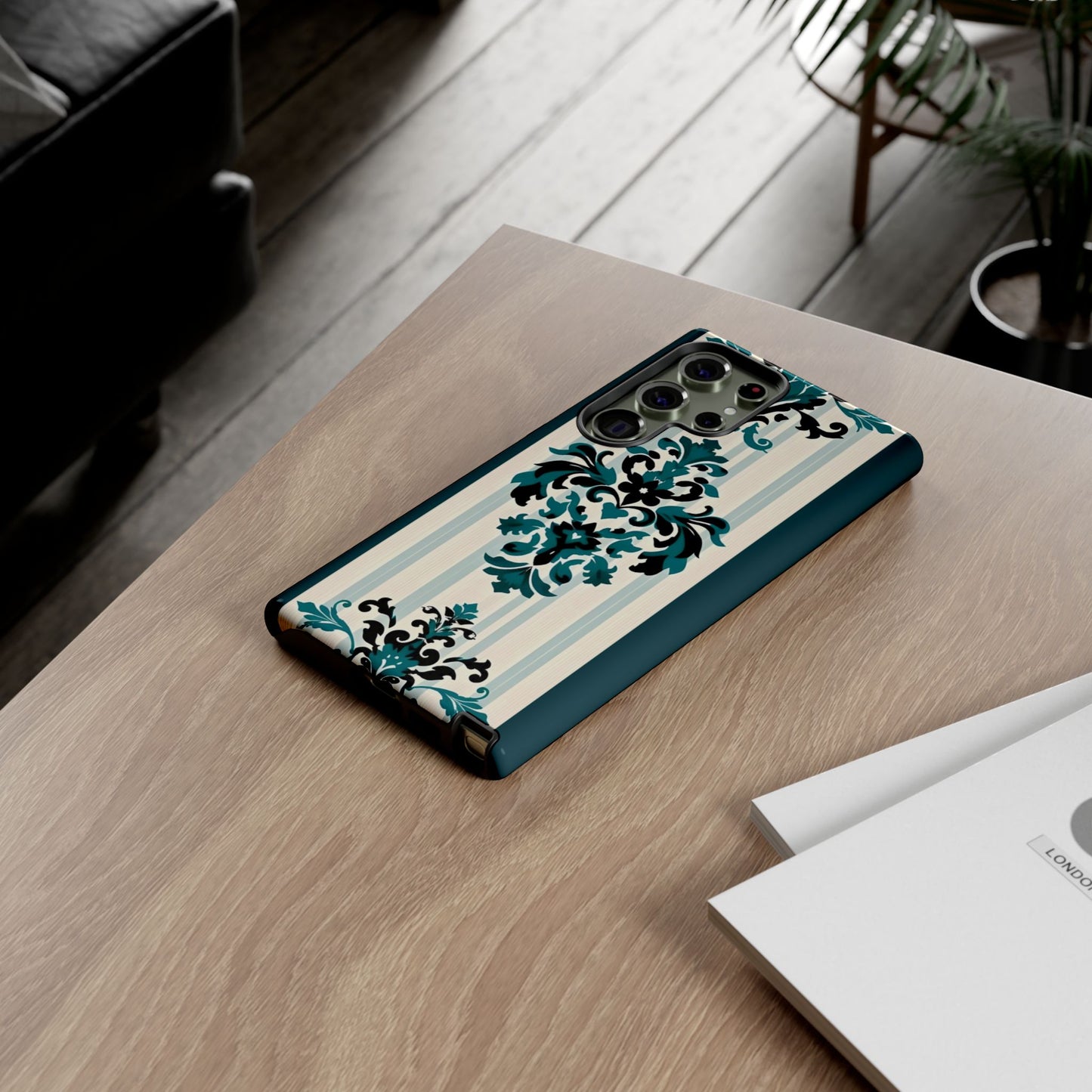 Elegant Floral Phone Case - Tough Cases with Vintage Design - Teal Striped Damask