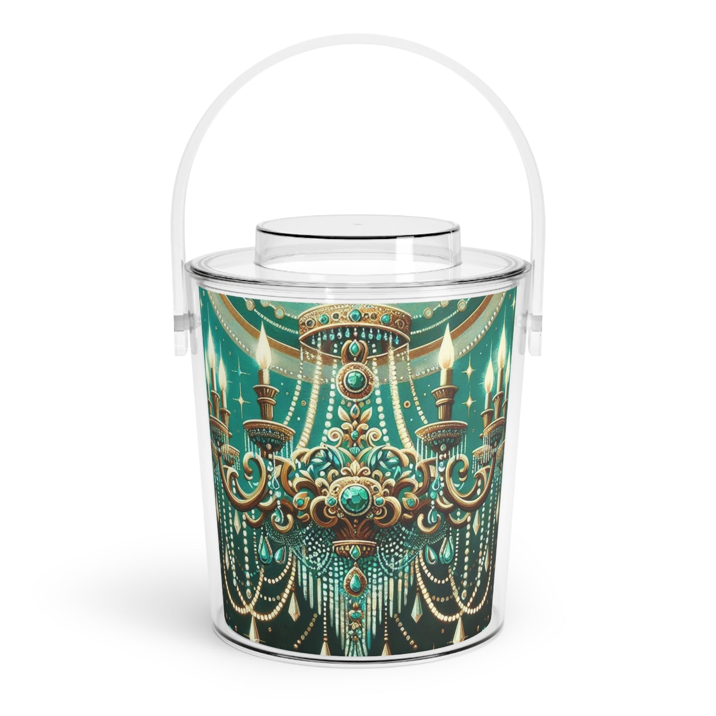 Ice Bucket with Tongs - Green & Gold Jeweled Chandelier