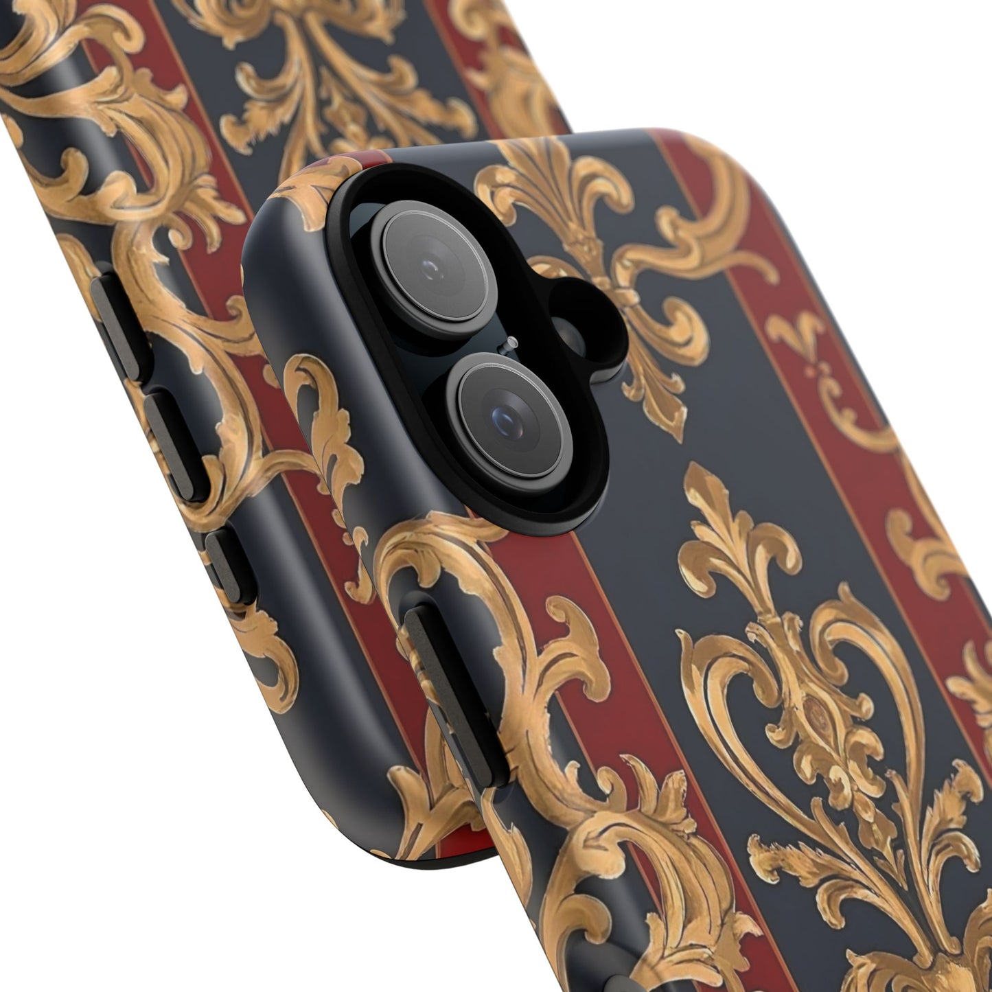 Elegant Floral Motif Phone Case - Tough Cases with Vintage Design - Midnight Blue & Dusk Red Striped Gold Damask