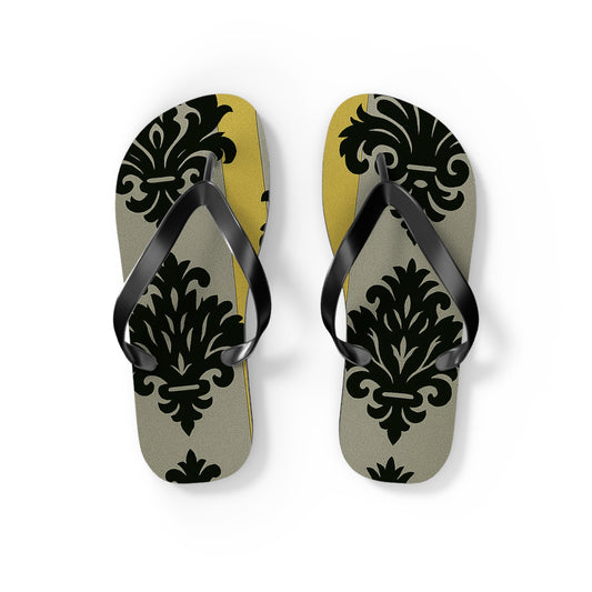 Stylish Flip Flops - Summer Sandals for Beach, Vacation, and Casual Wear - Silver & Gold Striped Black Baroque