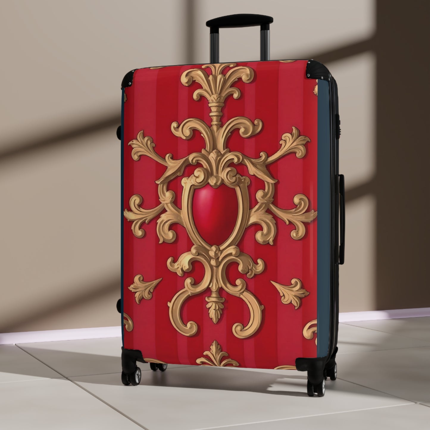 Elegant Red Ornate Suitcase - Travel Luggage for Stylish Journeys, Weekend Getaways, Fashionable Travel, Gift for Travelers - Red Baroque