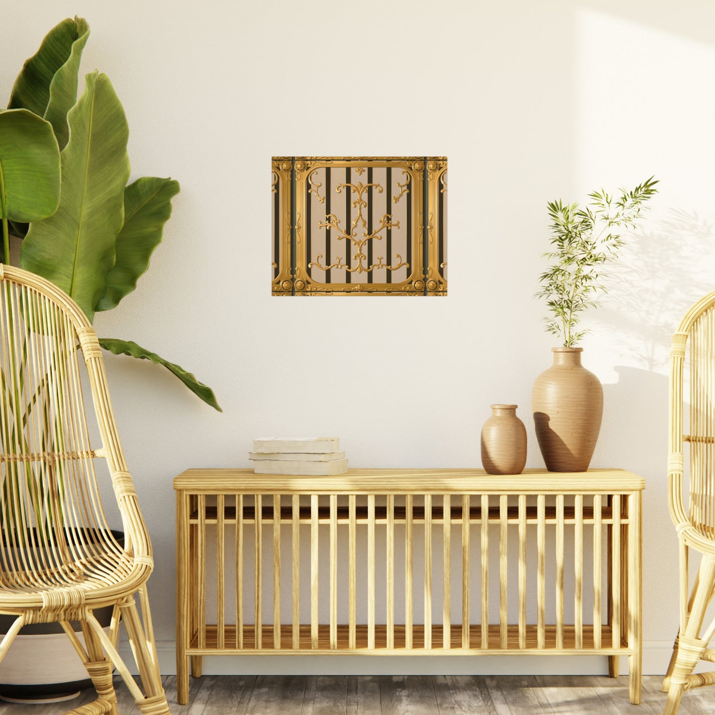 Ornate Foam Board Wall Art, Elegant Home Decor, Decorative Foam Panel, Gift for Homeowners, Wedding Decor Ideas - Beige Striped Gold Rococo
