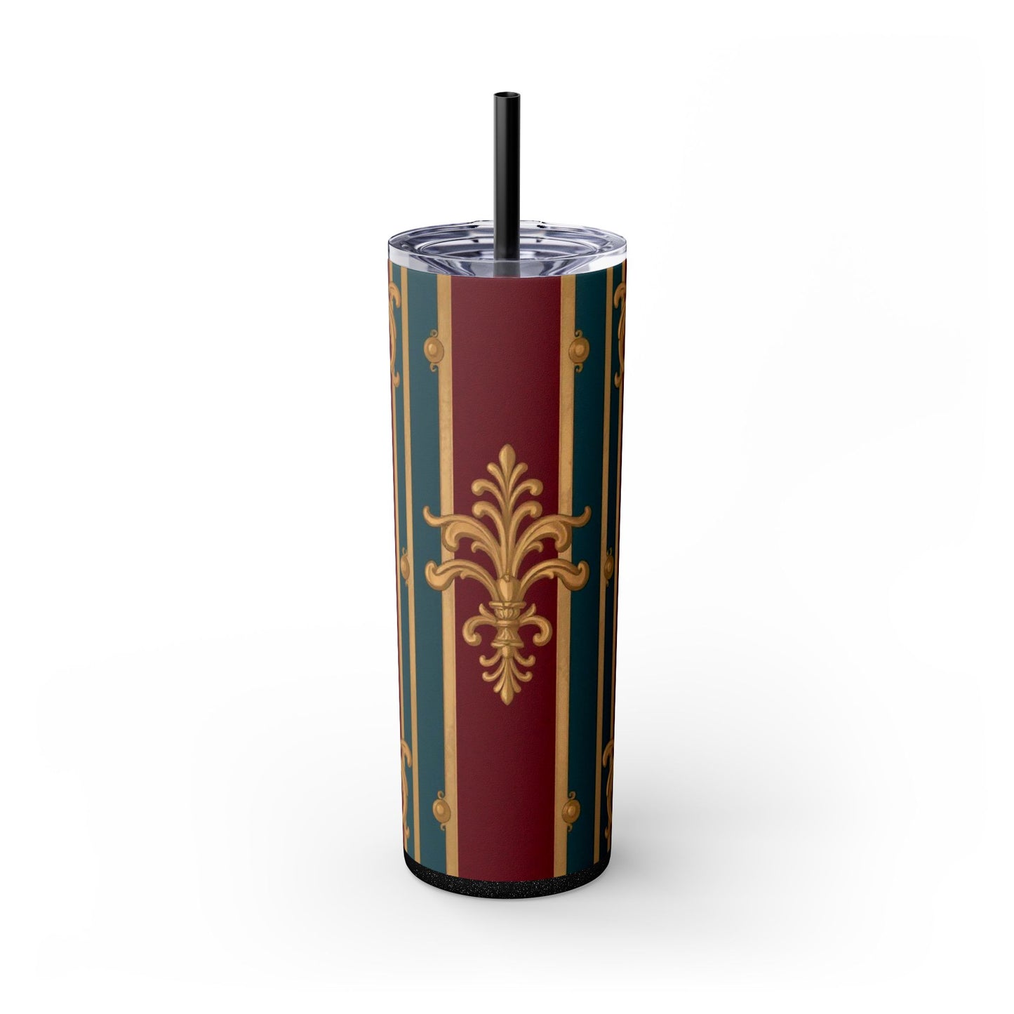 Elegant Vintage Skinny Tumbler with Straw, 20oz | Gold & Burgundy Design | Travel Mug, Gift for Her - Burgundy Striped Gold Baroque