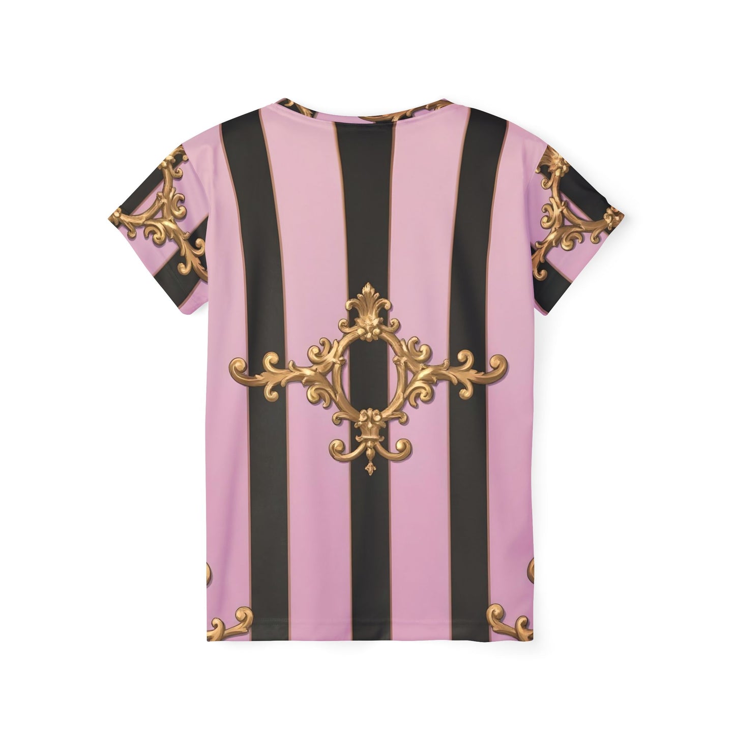 Elegant Women's Sports Jersey - Stylish Athletic Shirt, Trendy Activewear, Fashion Tee for Sports Lovers - Matte Lavender & Black Striped Gold Baroque