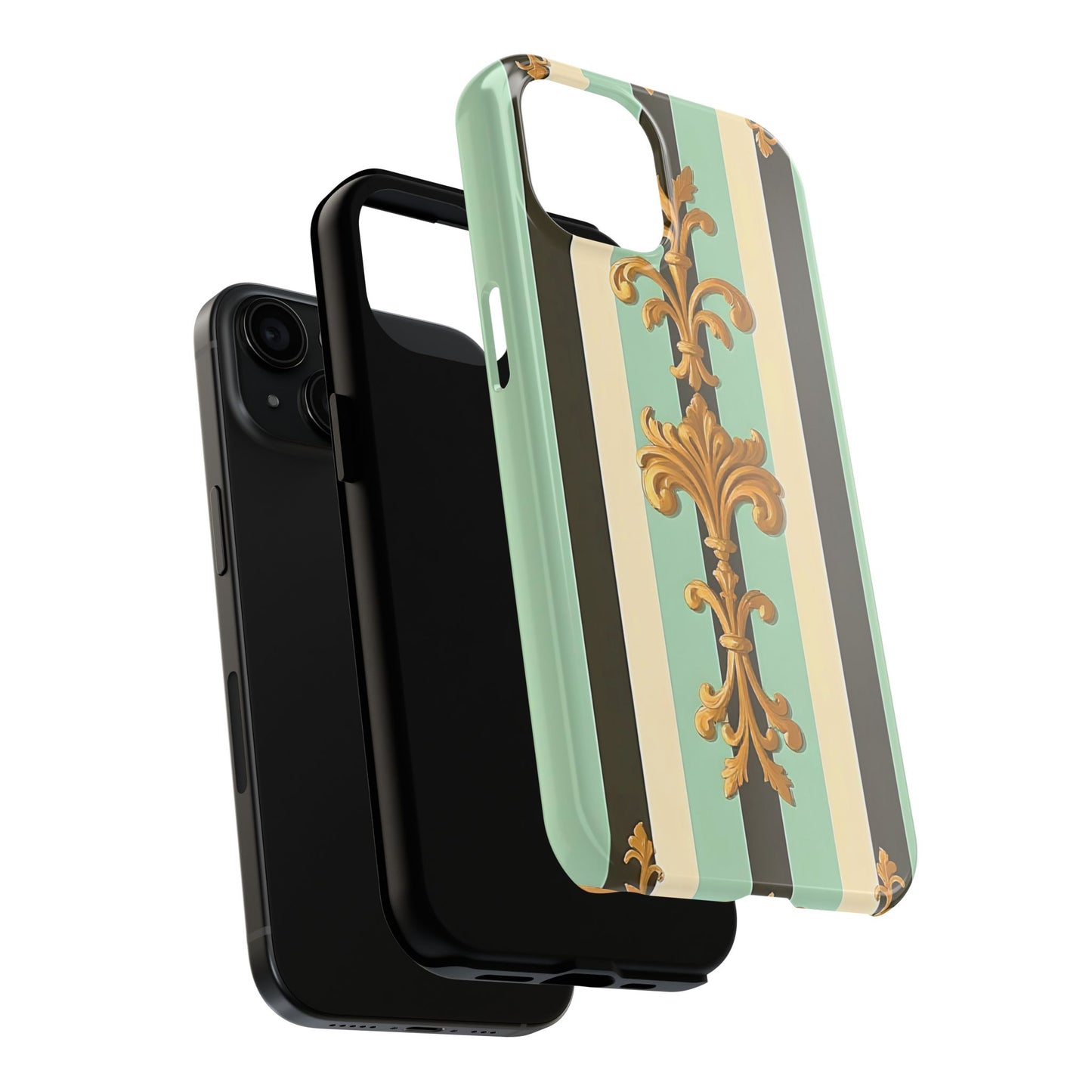 Elegant Floral Tough Phone Cases - Stylish Protection for All Occasions, Gifts for Her, Phone Covers - Black & Matte Mint Striped Rococo