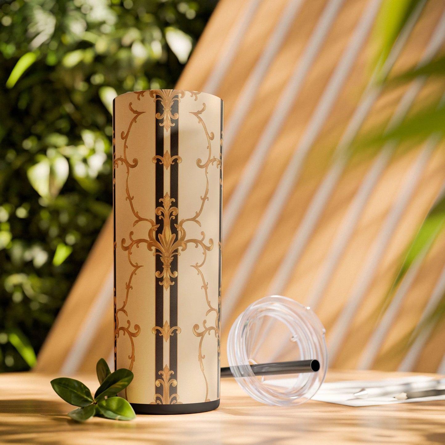 Elegant Gold Patterned Skinny Tumbler with Straw, 20oz | Stylish Travel Mug, Gift for Her, Fancy Drinkware - Black & Beige Striped Damask