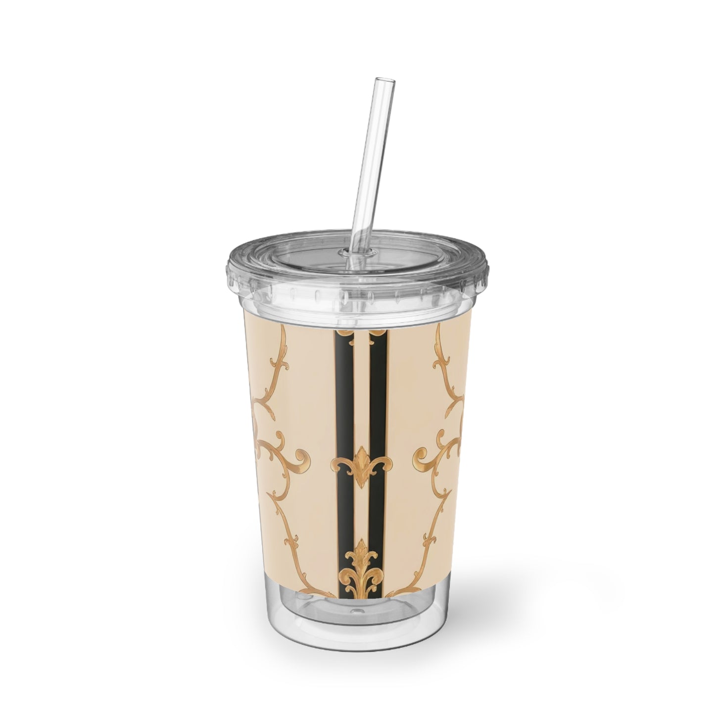 Elegant Suave Acrylic Cup, Stylish Tumblers, Personalized Drinkware, Party Glasses, Home Bar Essentials - Black & Beige Striped Damask