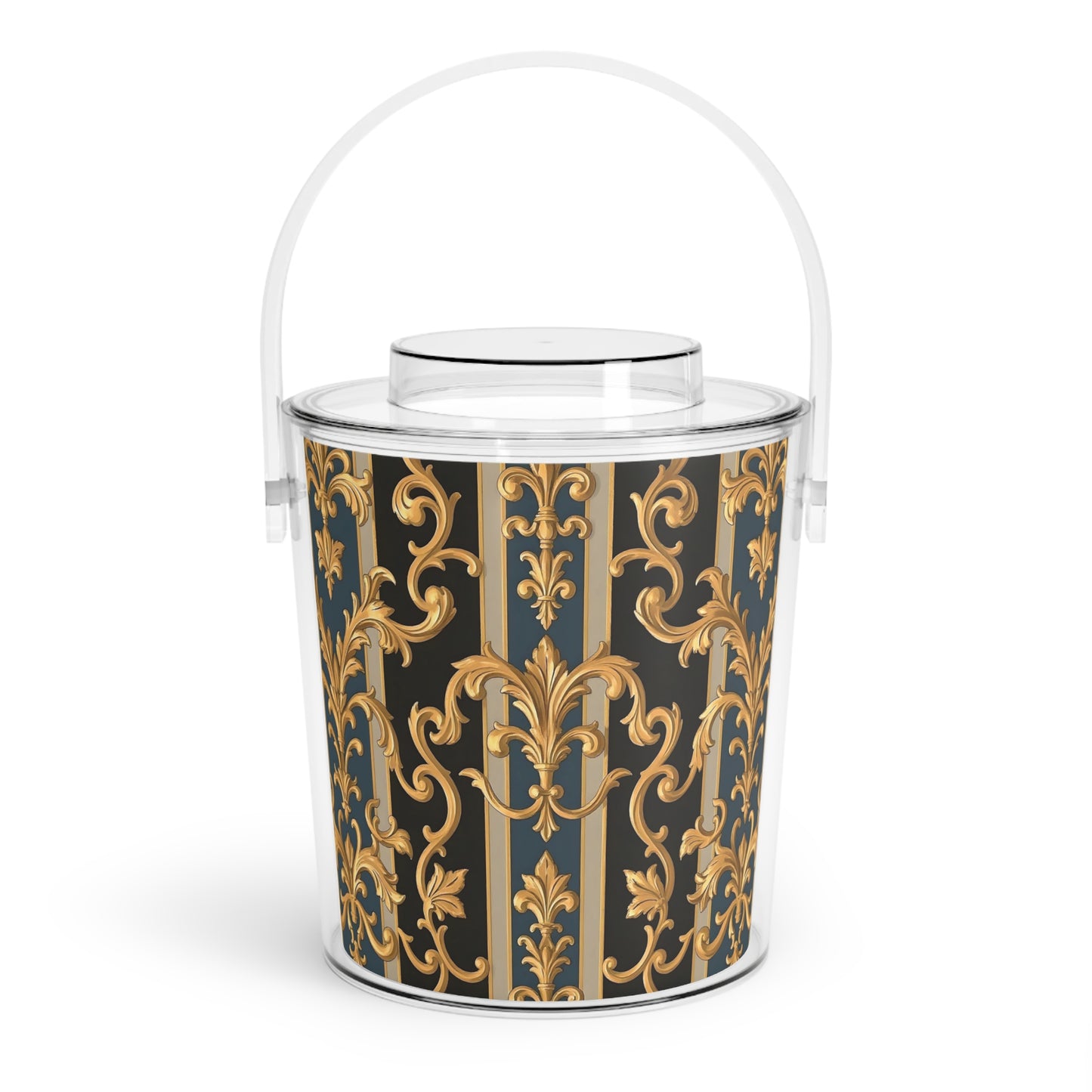 Elegant Vintage Style Ice Bucket with Tongs, Perfect for Entertaining, Parties, Home Bar - Blue & Black Striped Rococo