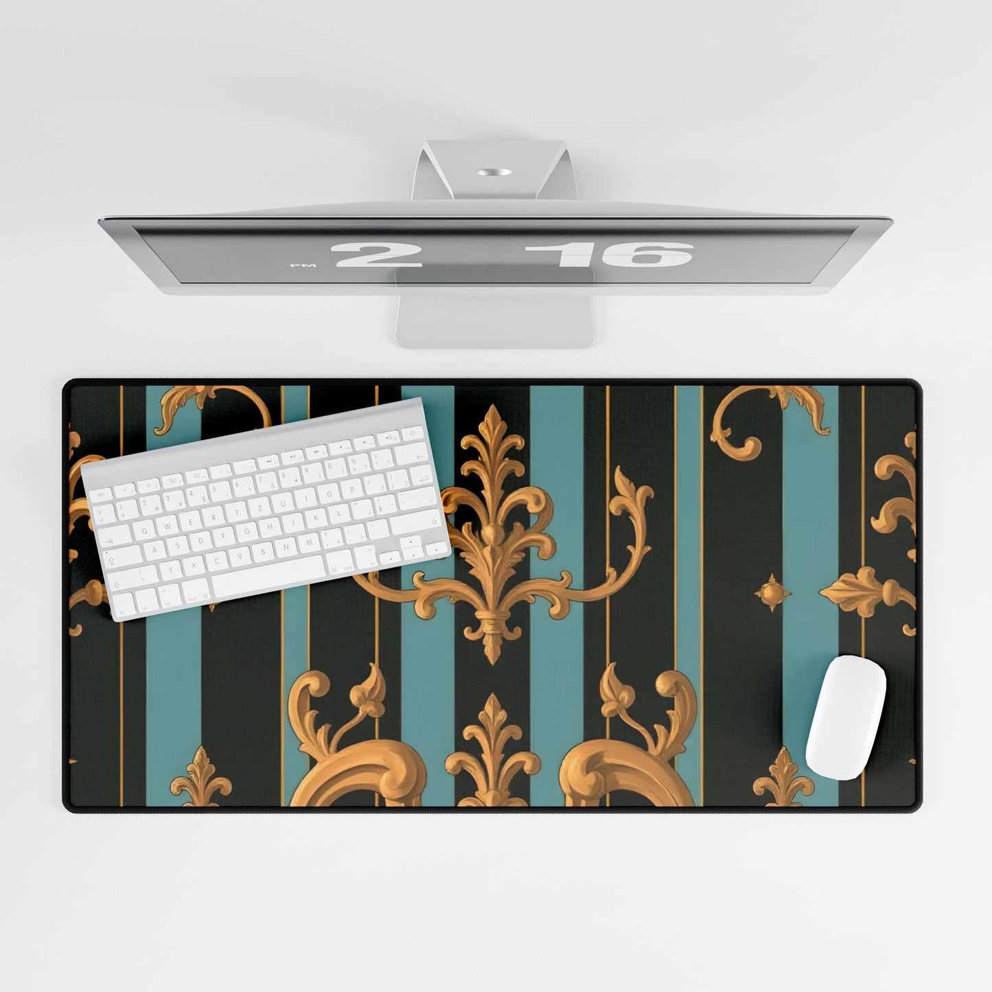 Elegant Black & Gold Desk Mats for Home Office, Stylish Desk Accessories, Work From Home Decor - Black & Turquoise Striped Baroque