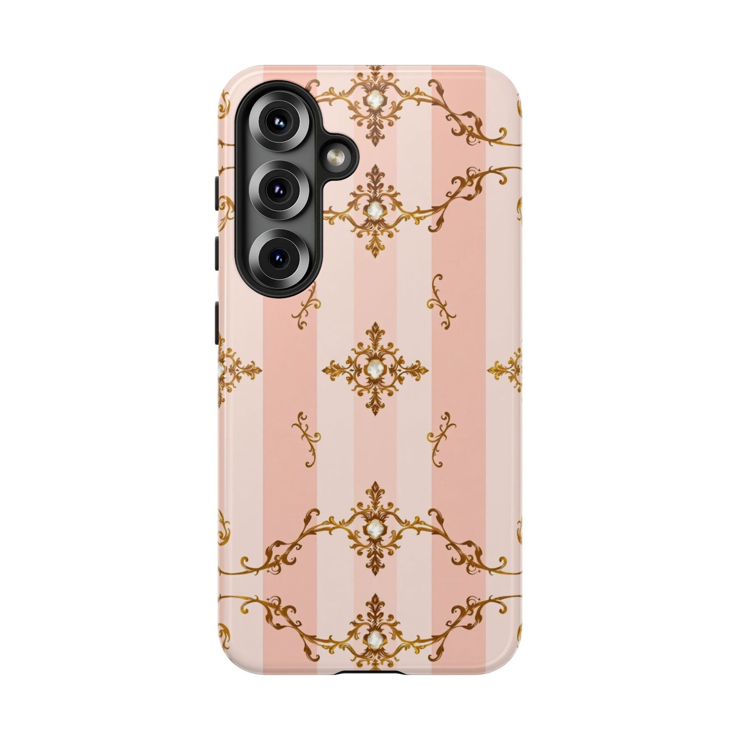 Elegant Floral Phone Case, Tough Cases for Women, Trendy Phone Cover, Chic Gift - Pink Jeweled Striped Gold Baroque