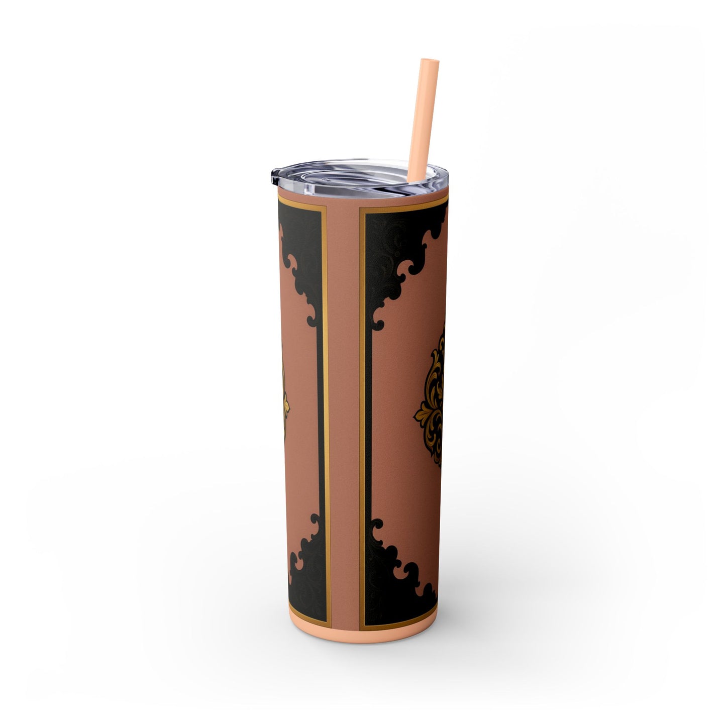 20oz Skinny Tumbler with Straw — Vintage Mauve & Black-Gold Baroque Design
