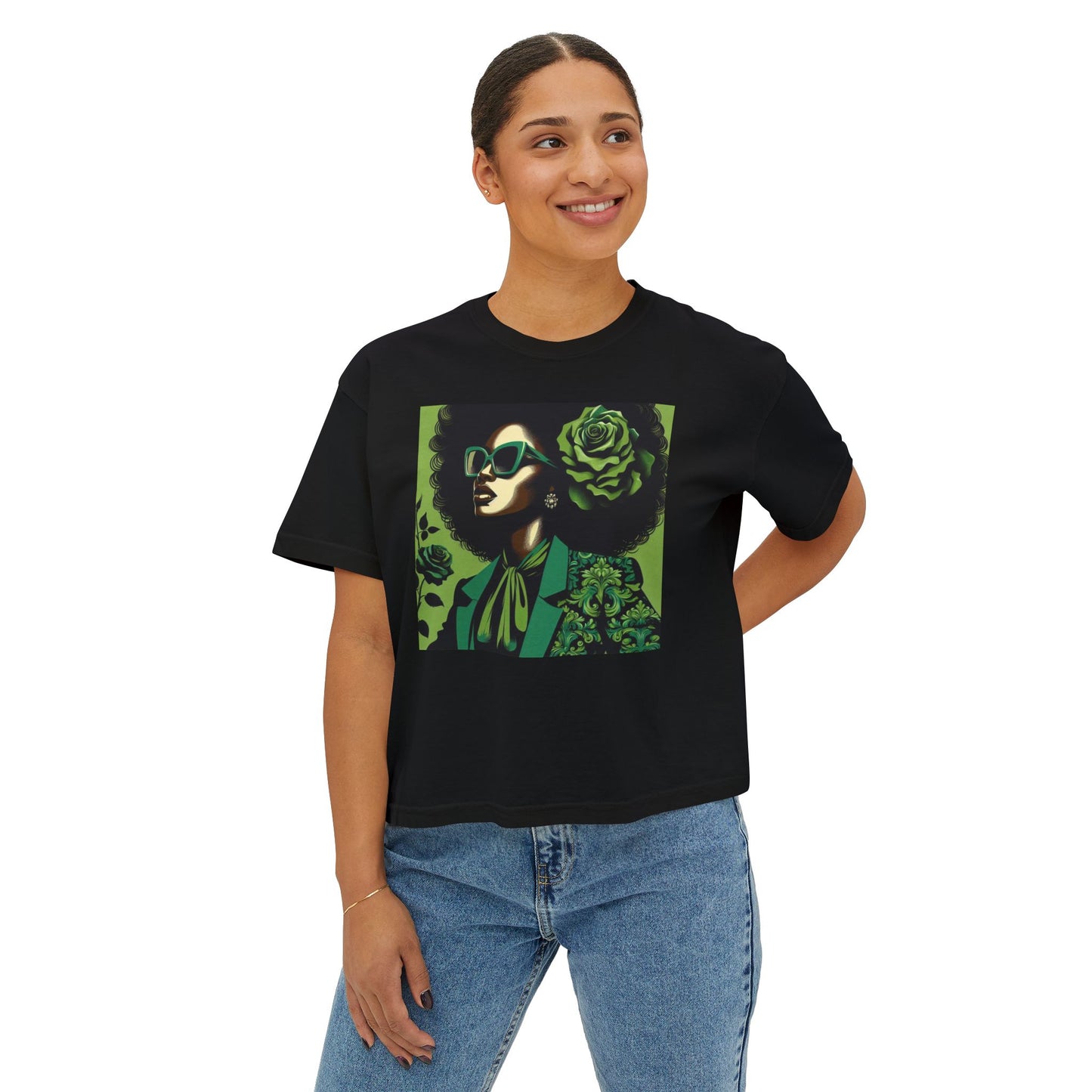 Chic Women's Boxy Tee - Vintage Afro Art, Trendy Casual Look, Gift for Her, Summer Style, Eco-Friendly Fashion - Lady in Green Damask