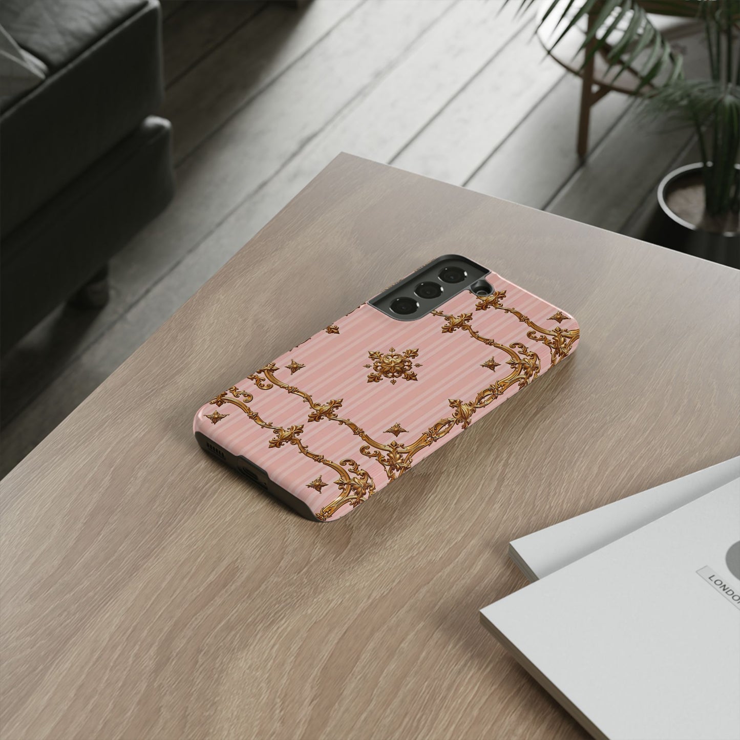 Elegant Floral Phone Case, Tough Cases for Women, Trendy Phone Cover, Chic Gift - Pink Striped Gold Baroque
