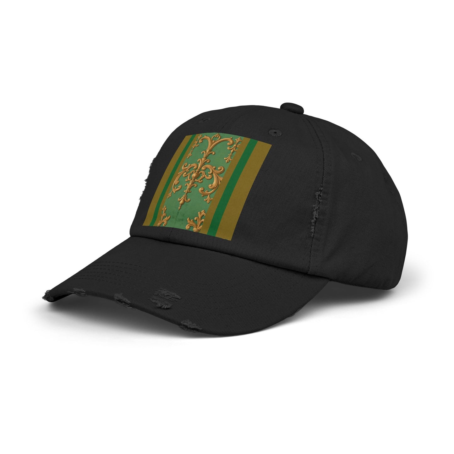 Stylish Unisex Distressed Cap with Unique Floral Design, Trending Accessory for Men and Women - Olive Green Striped Rococo