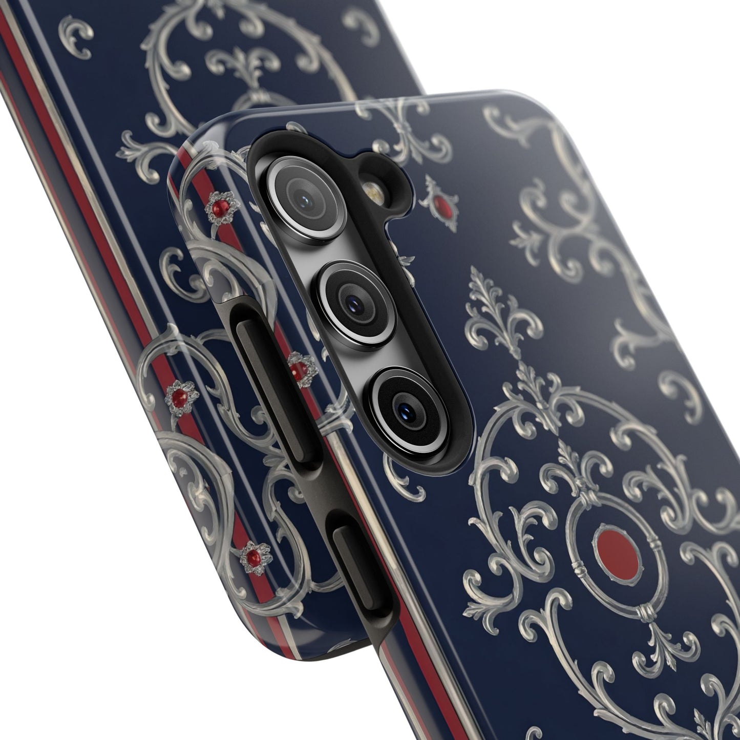 Elegant Patterned Tough Phone Cases for Stylish Protection, Gift for Her, Unique Accessories - Blue & Red Striped Silver Baroque