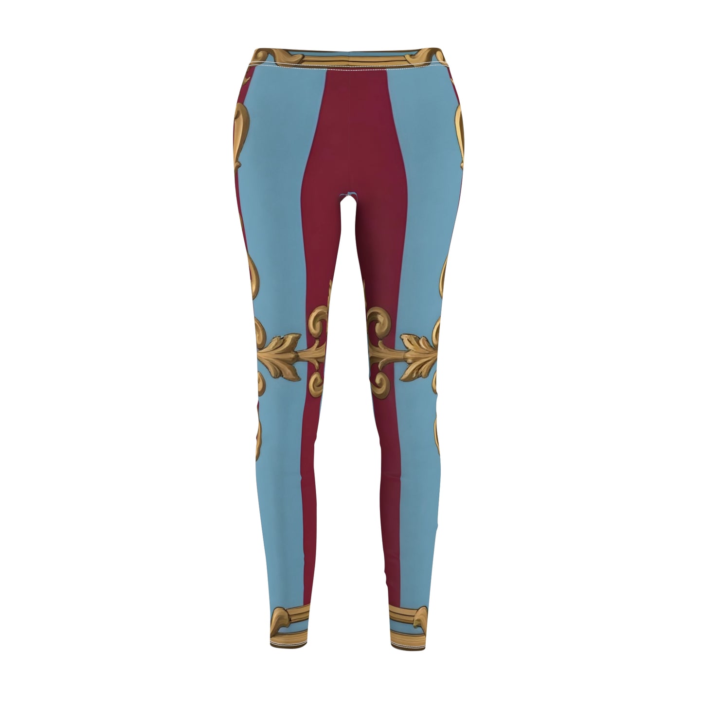 Women's Baroque Print Leggings, Stylish Activewear, Yoga Pants, Casual Wear, Gift for Her - Sky Blue & Maroon Striped Baroque