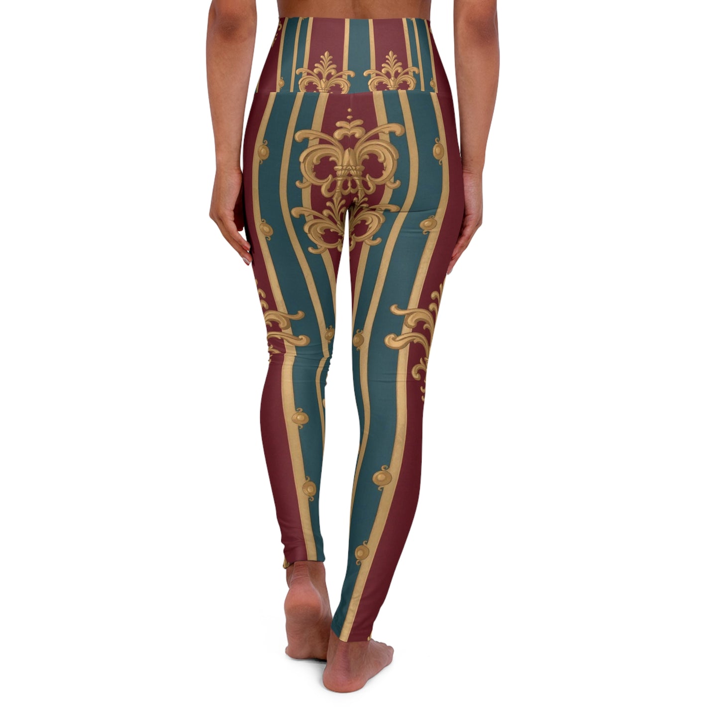 Elegant Patterned High Waisted Yoga Leggings, Stylish Activewear for Yoga, Fitness, and Everyday Comfort - Burgundy Striped Gold Baroque