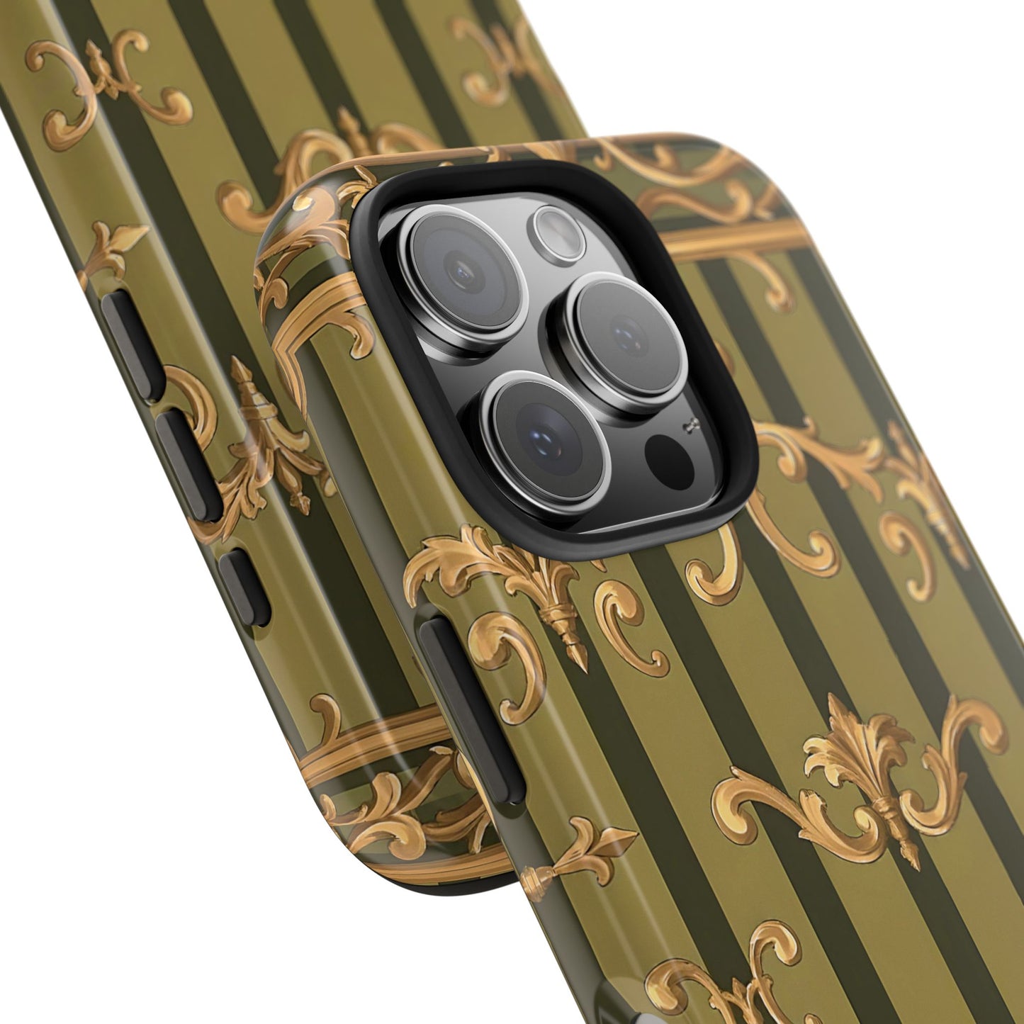 Elegant Vintage Phone Case - Tough Protection with Classy Design, Stylish Phone Cover for Fashion Lovers - Olive Green Striped Rococo