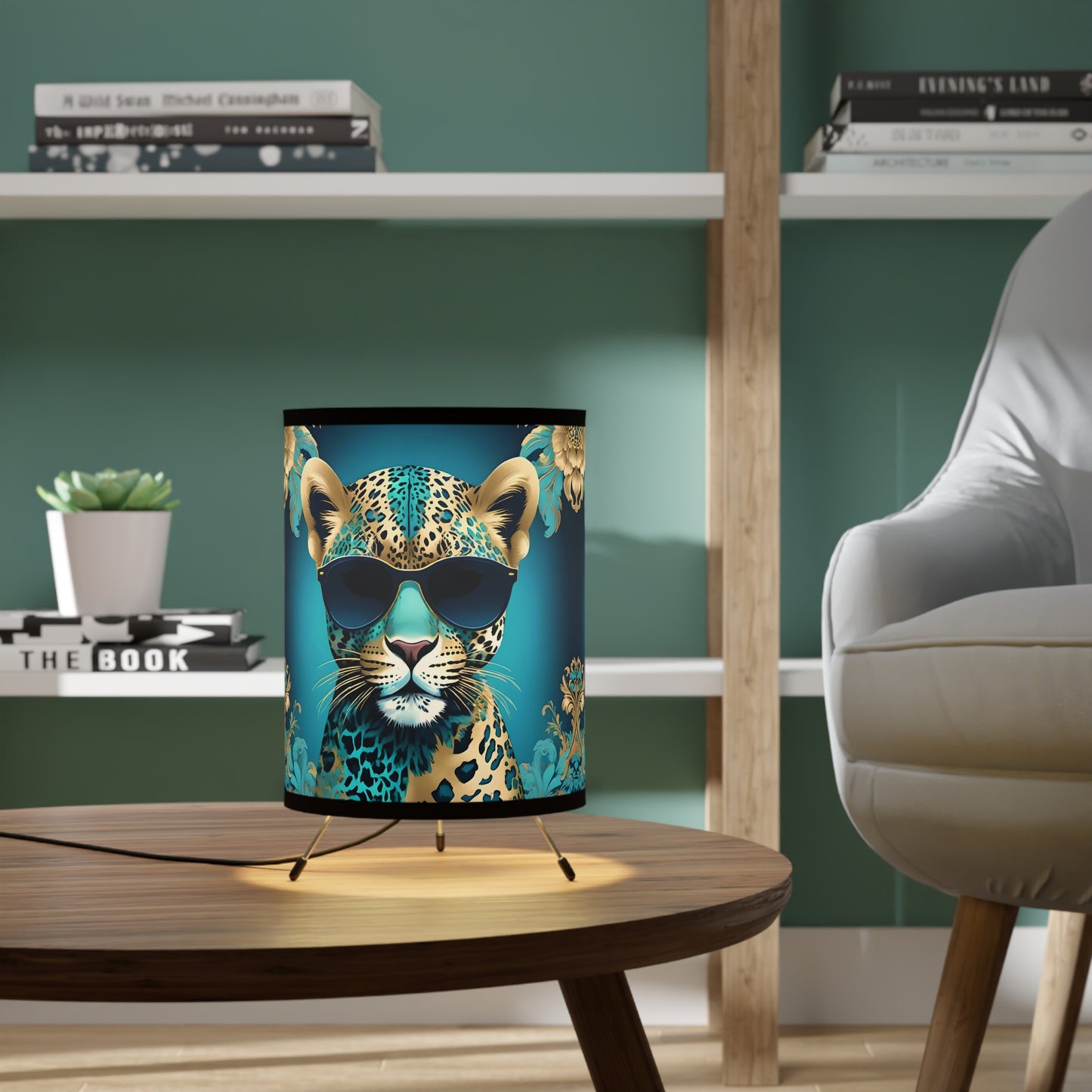Tripod Lamp - Elegant Vintage Floral Print Home Accent - Aqua & Gold Leopard In Sunglasses Design
