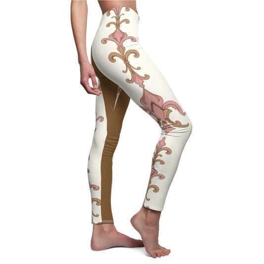 Elegant Floral Print Casual Leggings for Women, Stylish Activewear, Yoga Pants, Lounge Leggings, Gift for Her - Brown Striped Pink Arabesque