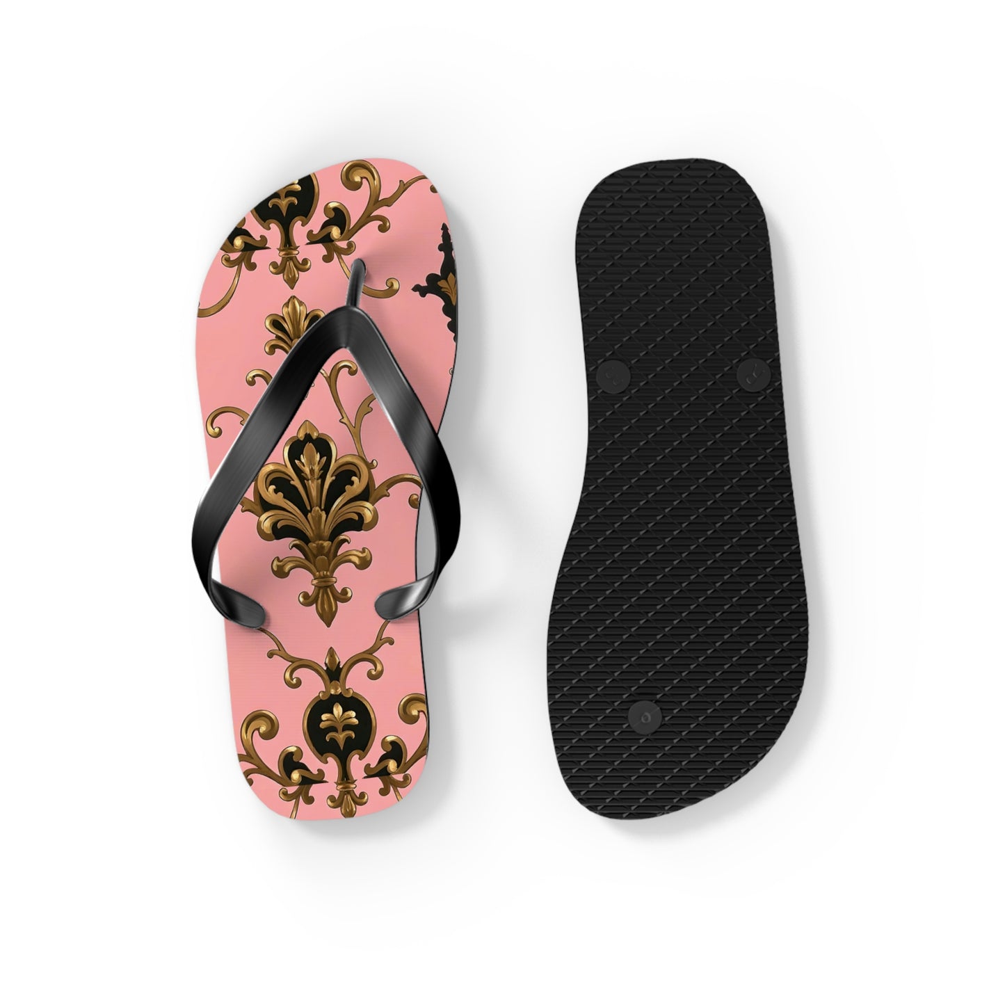 Stylish Flip Flops with Elegant Pink Design, Summer Footwear, Beach Sandals, Vacation Essentials - Pink, Black & Gold Rococo