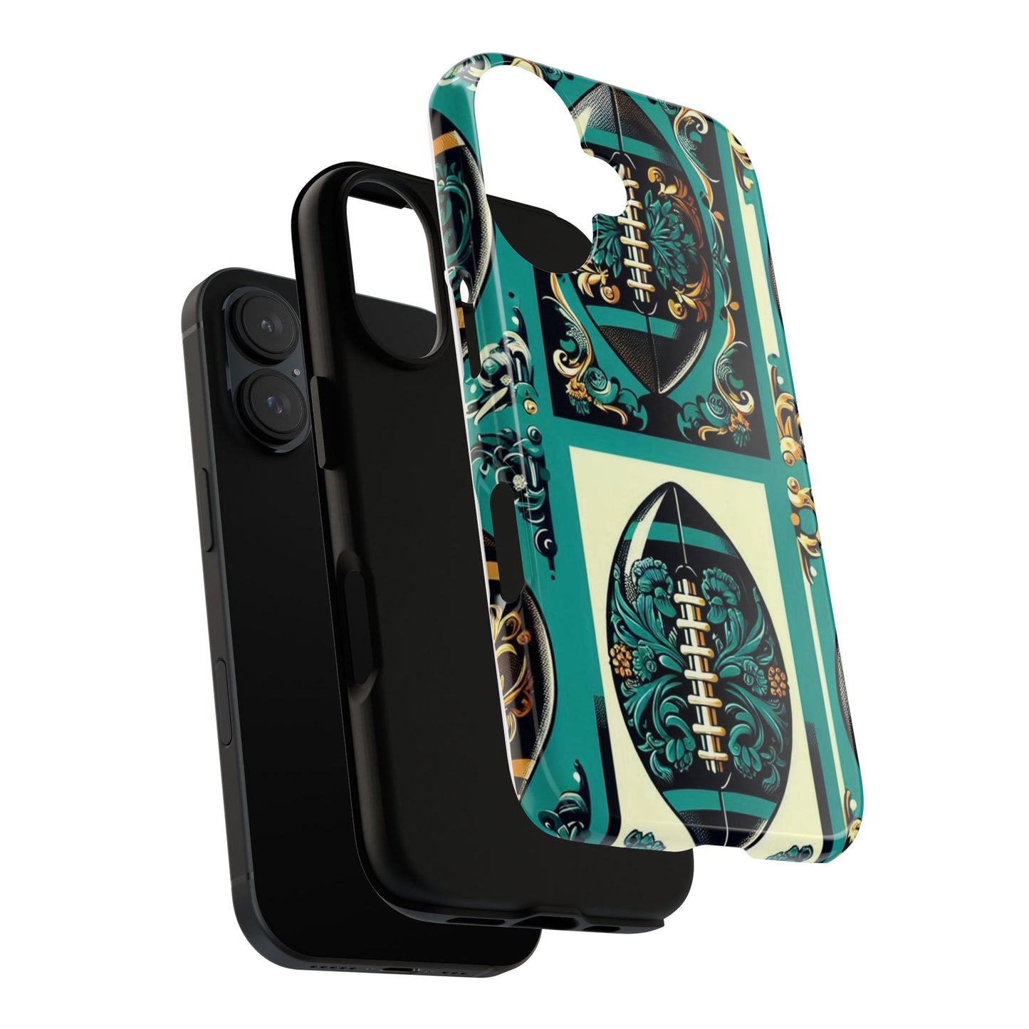 Elegant Floral Motif Phone Case - Tough Cases with Vintage Design -  Damask Teal, Gold & Black Footballs
