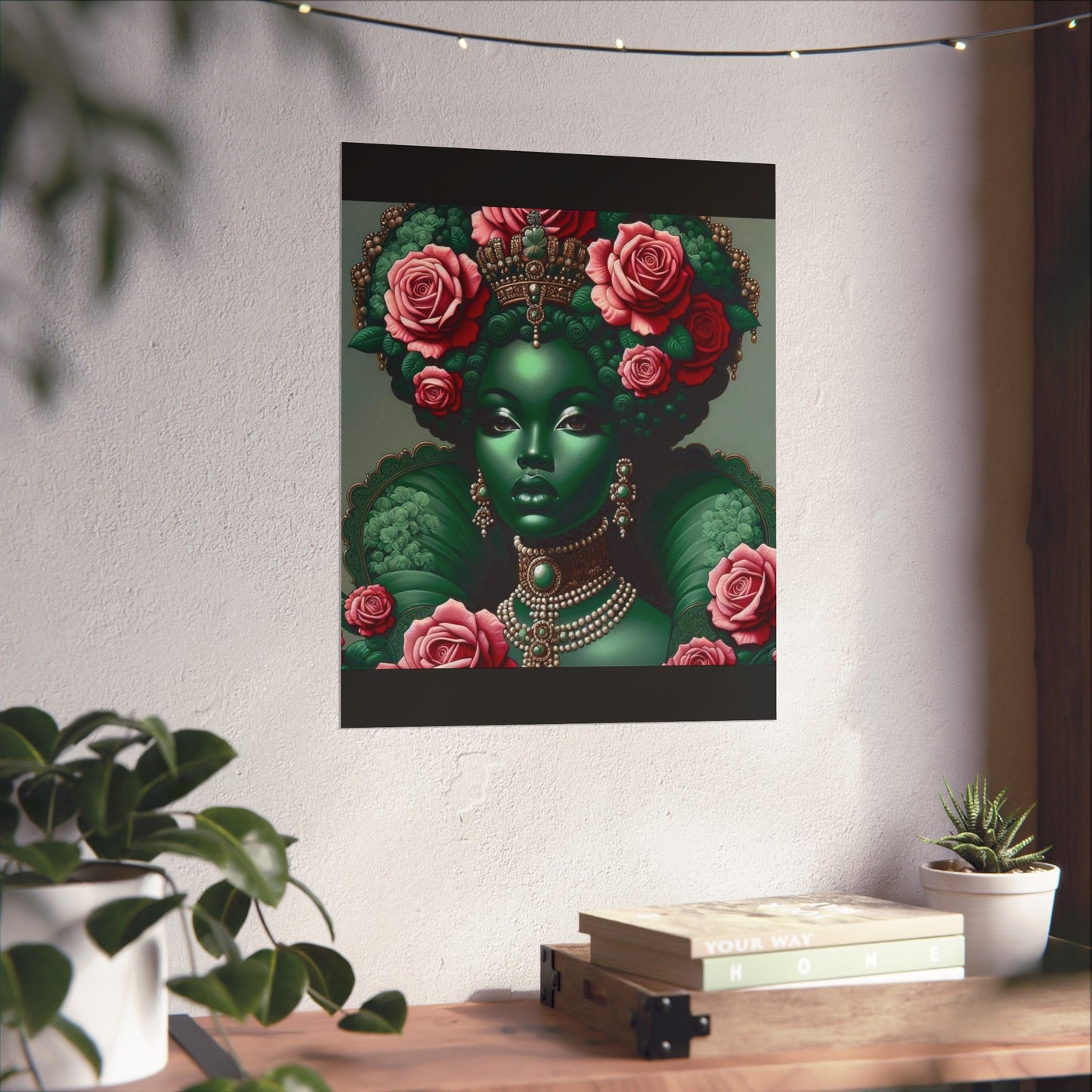 Floral Afro Art Poster - Elegant Matte Vertical Wall Decor - Green Lady With Roses