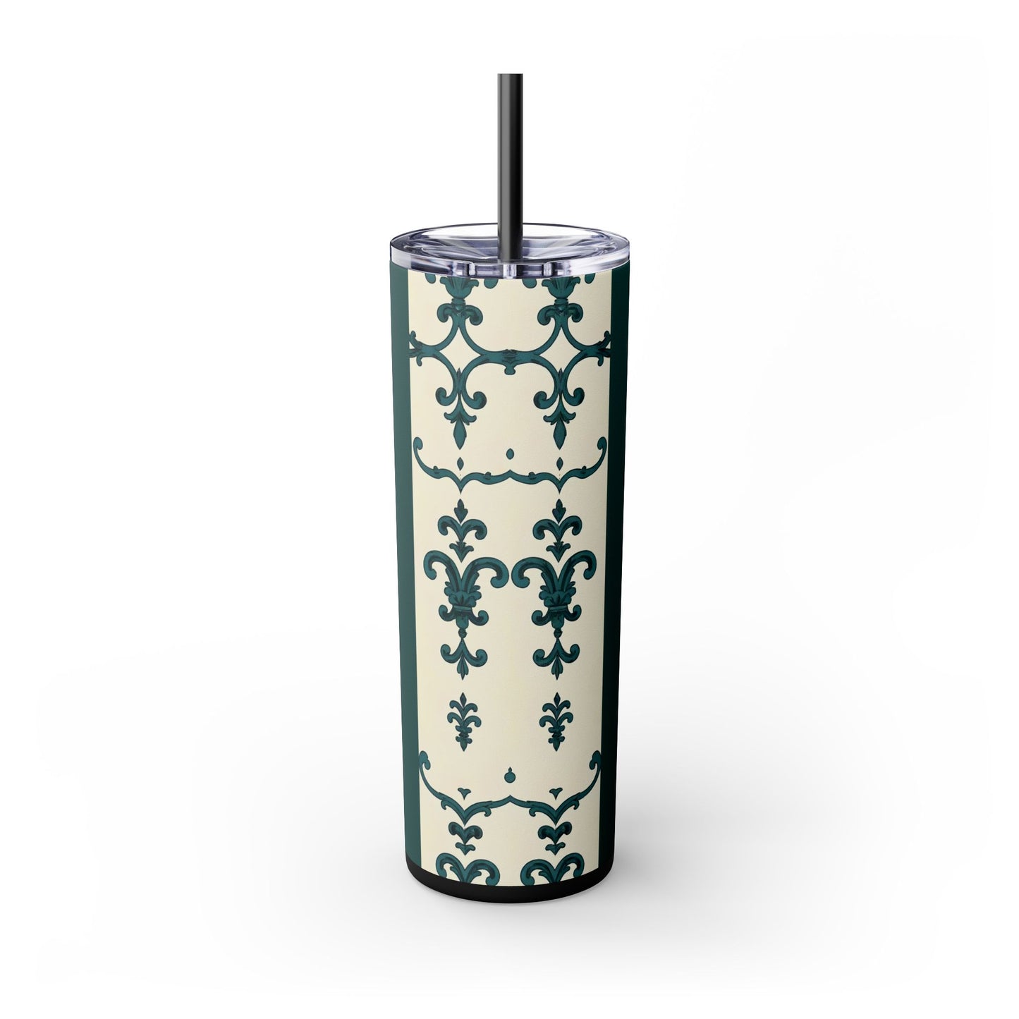 Elegant Floral Skinny Tumbler, 20oz - Stylish Travel Mug for Home, Coffee Lover Gift, Eco-Friendly Drinkware, Party Favor - Teal Striped Rococo