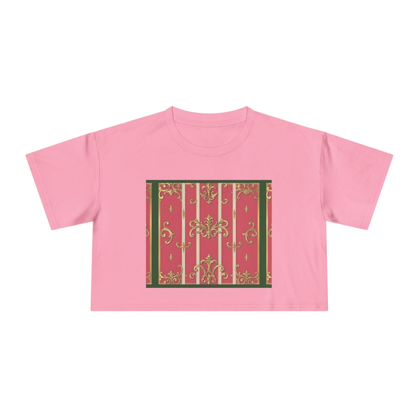 Chic Green Border Pink Striped Baroque Women's Crop Tee - Vintage Style Shirt for Casual Outings, Holidays, Gift Ideas, Spring Fashion, Trendy Top