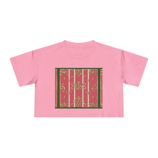 Chic Green Border Pink Striped Baroque Women's Crop Tee - Vintage Style Shirt for Casual Outings, Holidays, Gift Ideas, Spring Fashion, Trendy Top