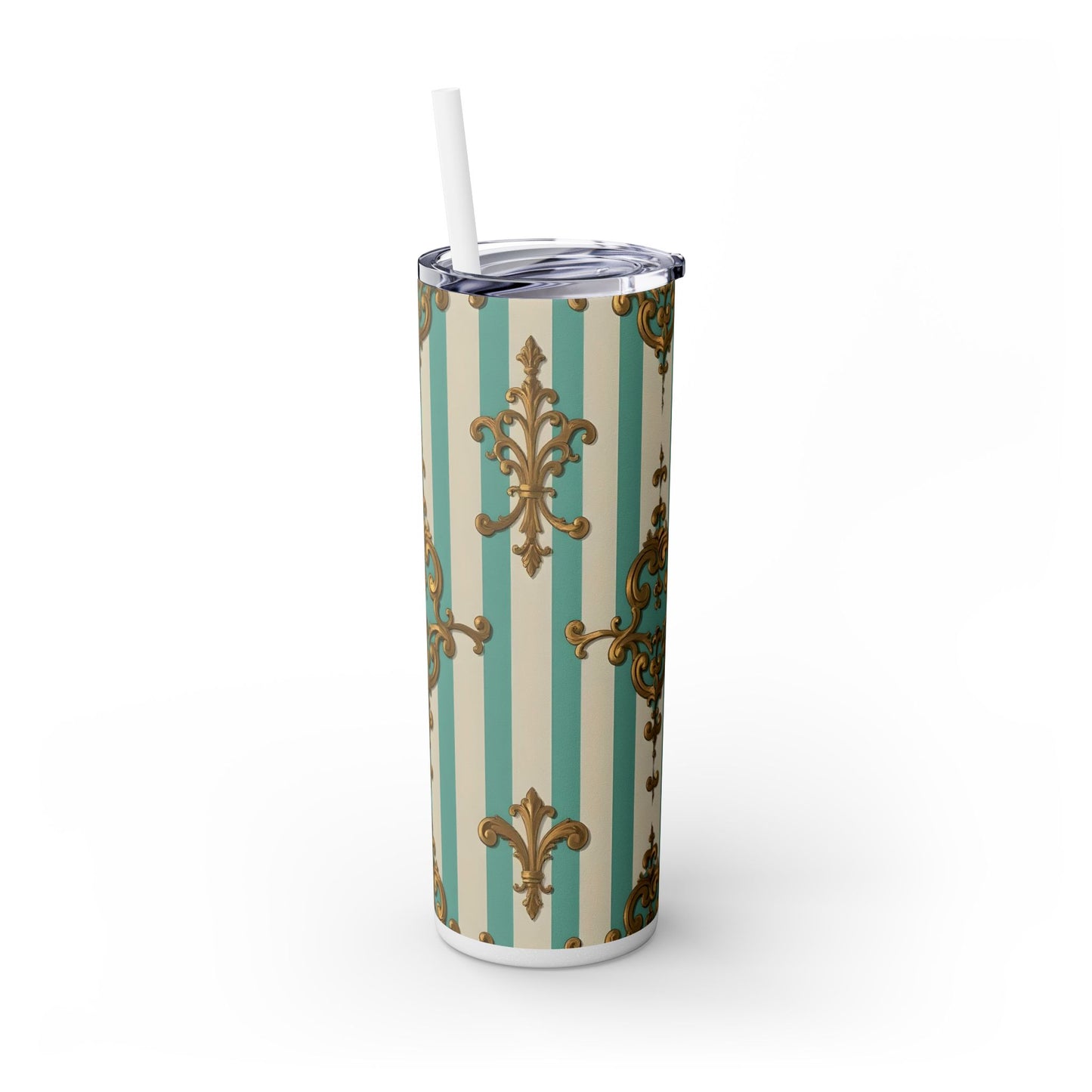 Elegant Vintage Skinny Tumbler with Straw, 20oz, Stylish Drinkware, Perfect Gift for Home, Coffee Lovers - Matte Green Striped Rococo