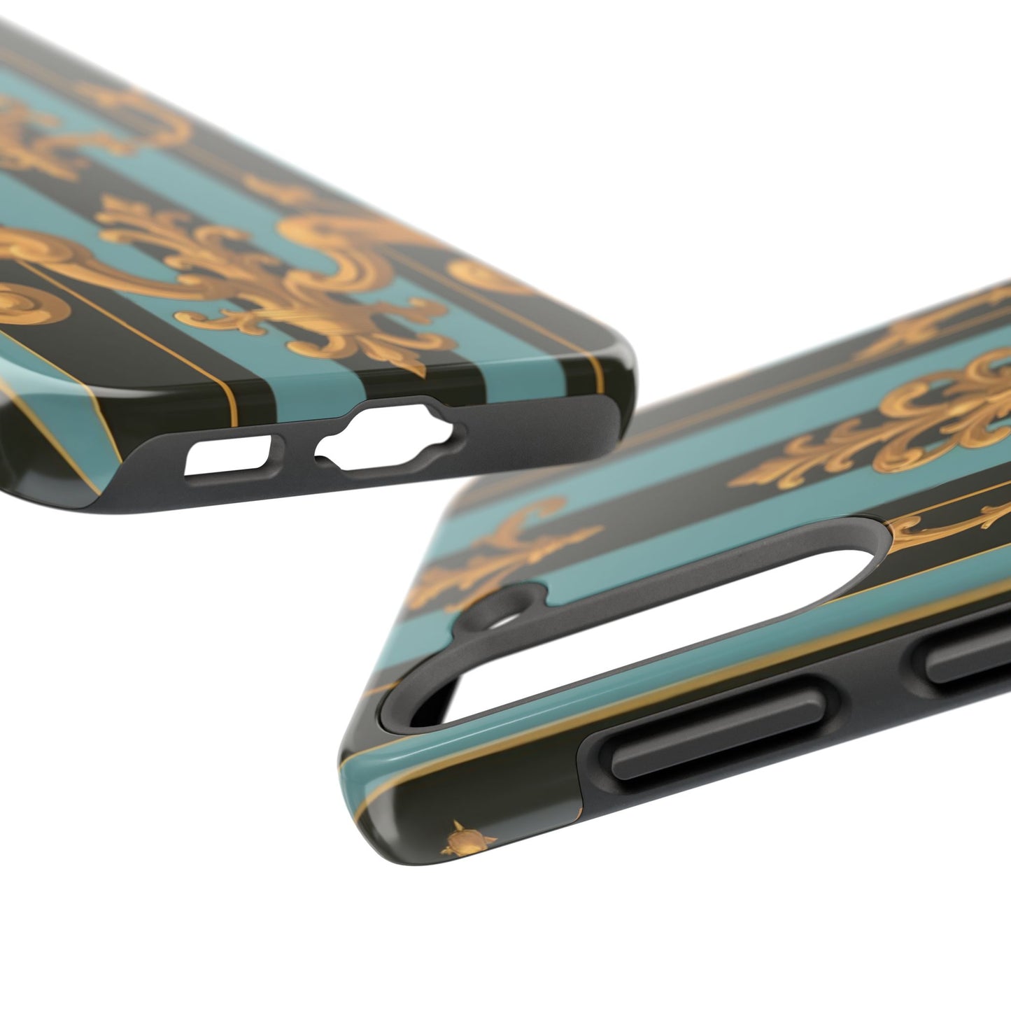 Elegant Baroque Tough Phone Case, Stylish Phone Cover, Durable iPhone Case, Unique Gift - Black & Turquoise Striped Baroque