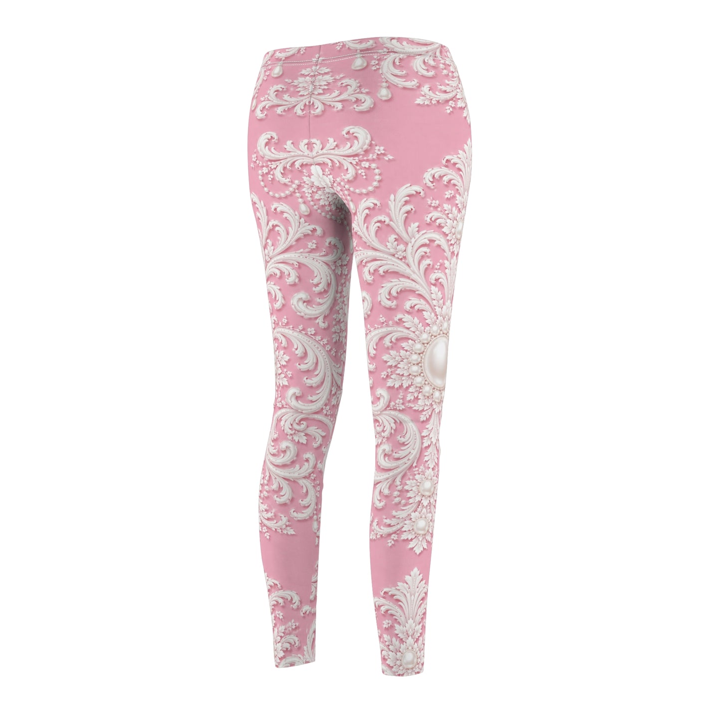 Pink Rococo Print Leggings — Elegant Floral Scroll All-Over Print