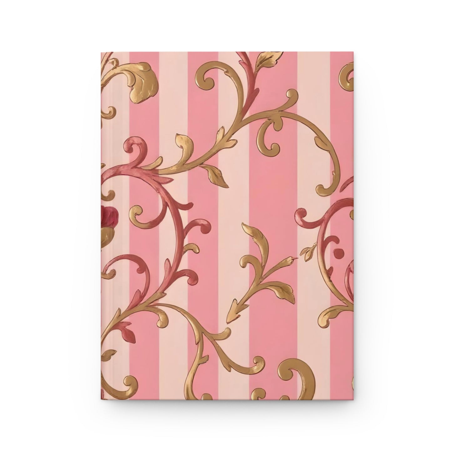 Elegant Floral Motif Hardcover Journal - Stylish Writing Notebook - Pink Striped Rose Gold Damask