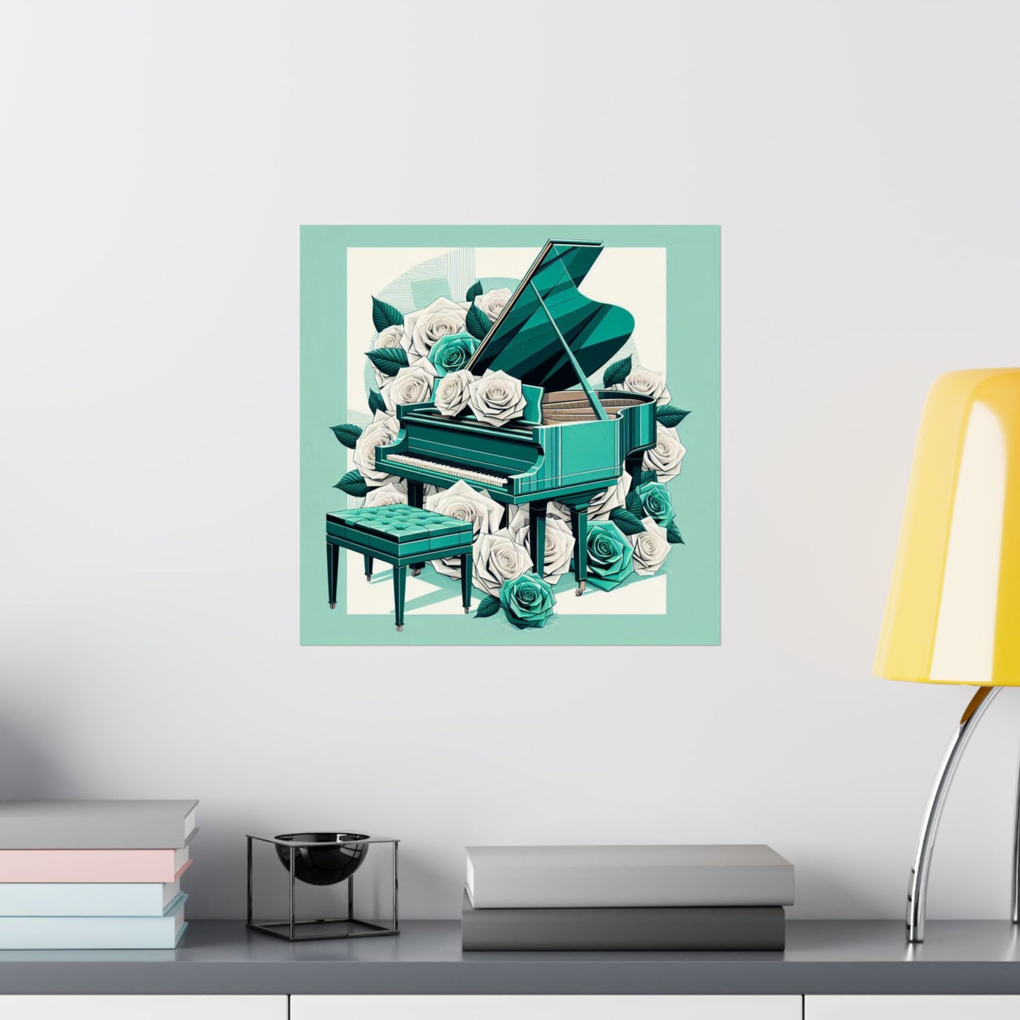 Vertical Poster - Aqua Grand Piano & Roses Design