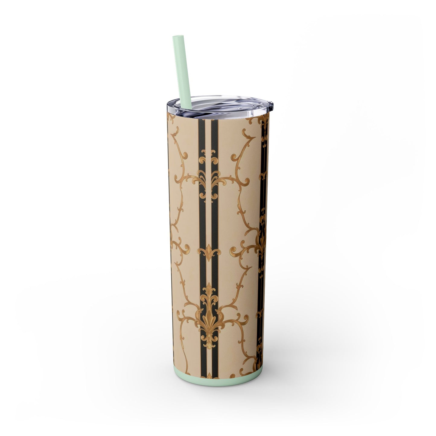 Elegant Gold Patterned Skinny Tumbler with Straw, 20oz | Stylish Travel Mug, Gift for Her, Fancy Drinkware - Black & Beige Striped Damask