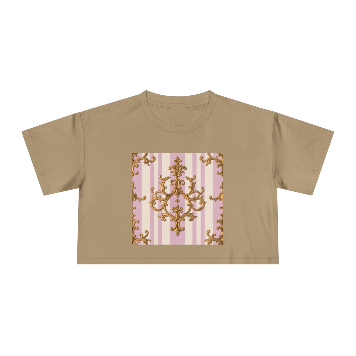 Chic Women's Crop Tee with Elegant Pink and Gold Design, Fashion Tee, Summer Style, Gift for Her - Lilac & Alabaster Striped Gold Baroque