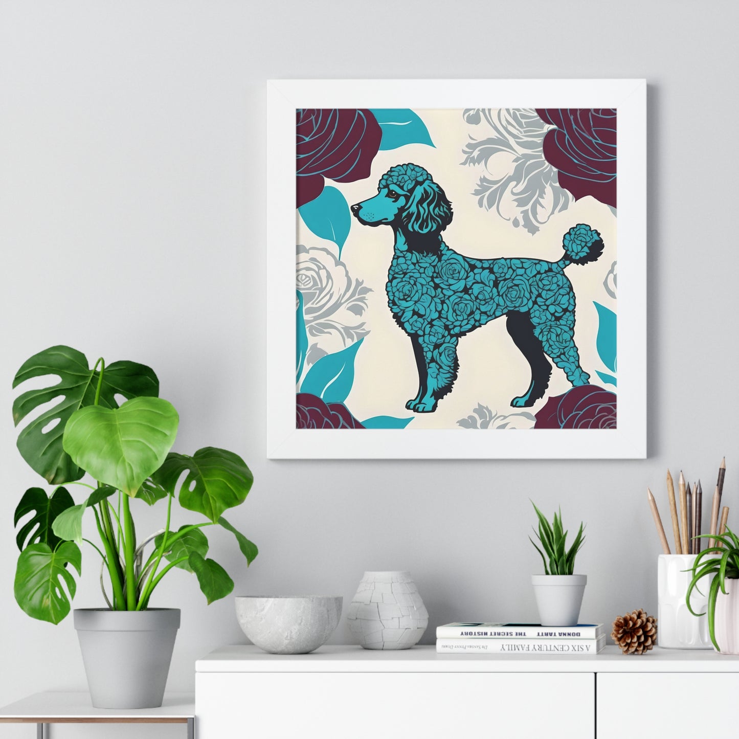 Vertical Poster - Stylish Framed - Art for Home Decor - Rose Inspired Turquoise Poodle With Burgundy Roses