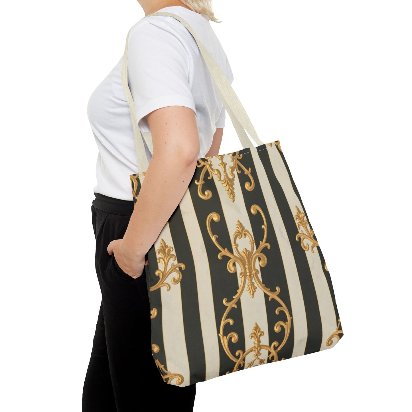 Elegant Black & Alabaster Striped Baroque Tote Bag, Stylish Shopping Bag, Fashion Accessory, Gift for Her, Reusable Bag, Perfect for Events